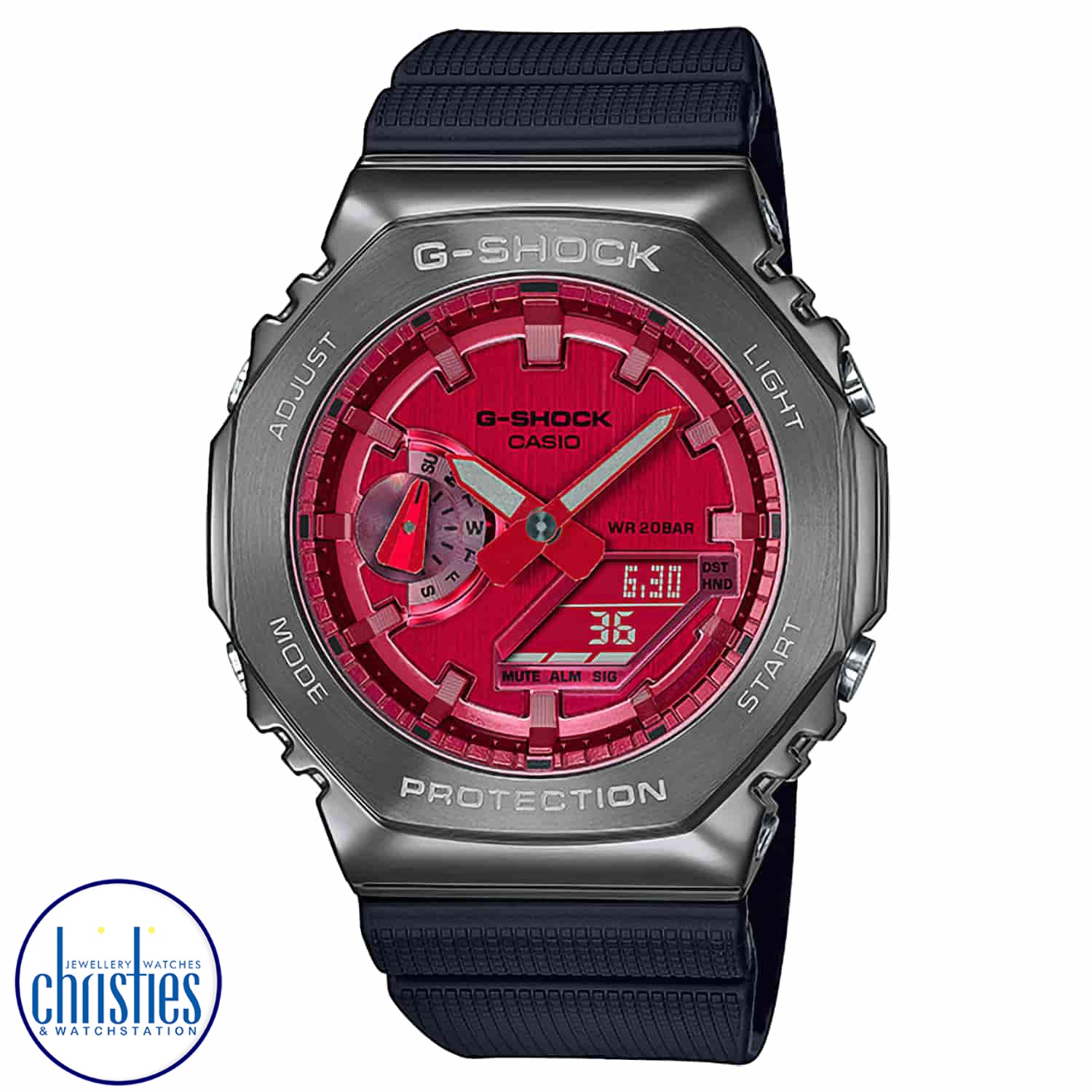 GM2100B-4A G-SHOCK Carbon Core Metal Clad Watch. Go sleek, sharp and bold with a G-SHOCK standard-bearer in a metal-clad octagonal take on the original iconic design. Forged in stainless steel with rounded hairline finish, the strong bezel says super styl
