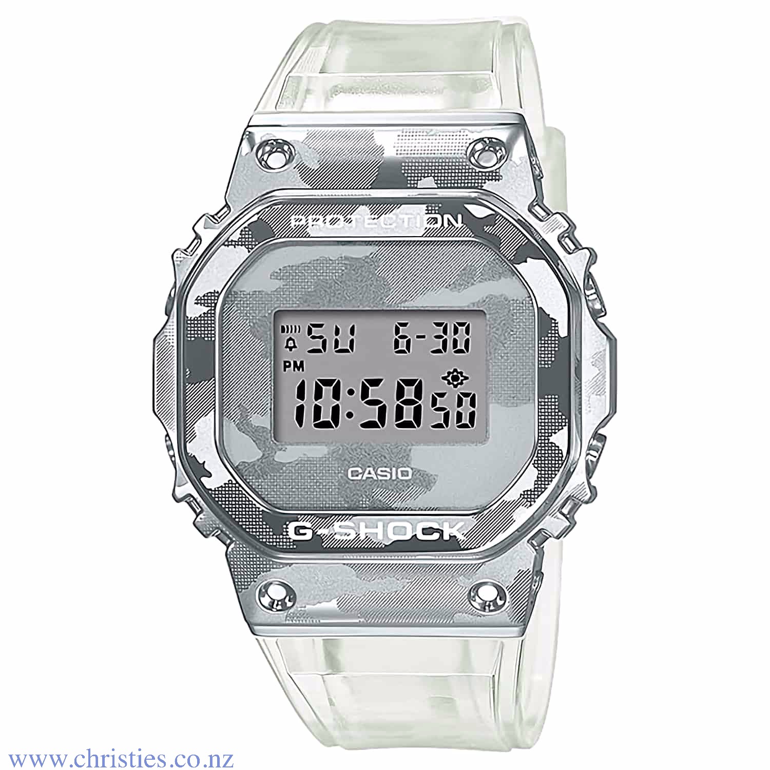 GM5600SCM-1 G-Shock Metal Bezel Watch. This new G-SHOCK Metal Covered Series includes the GM-110, GM-5600, and GM-6900 with a fashionable semi-transparent band and camouflage pattern. The bezel is forged, cut, and polished and then given a camouflage patt