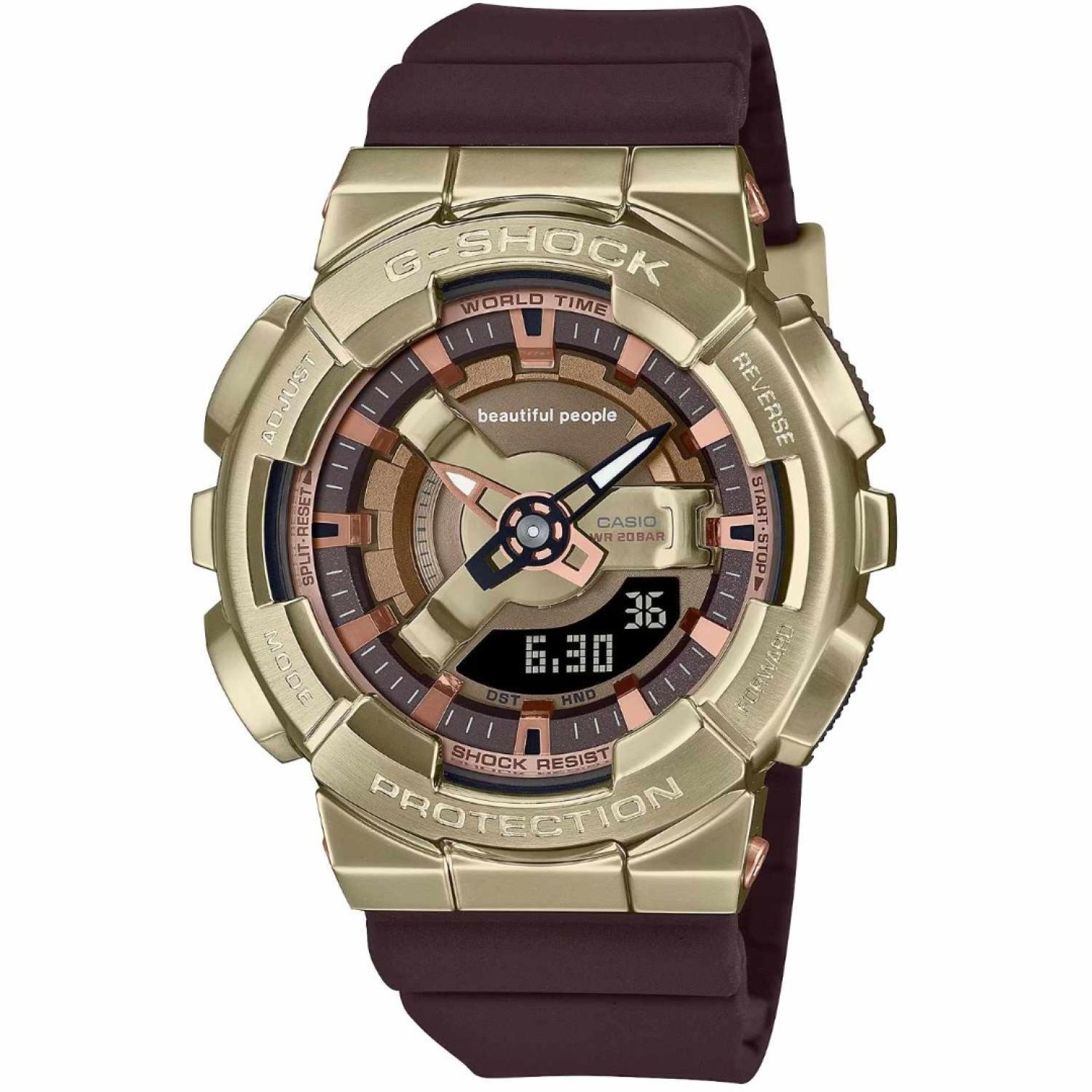 Christies Jewellery - GMS110BP-5A G-Shock Womens Series Auckland NZ GMS110BP-5A G-Shock Womens Series GM-S110BP-5A with Gold ion plated bezel and brown resin band