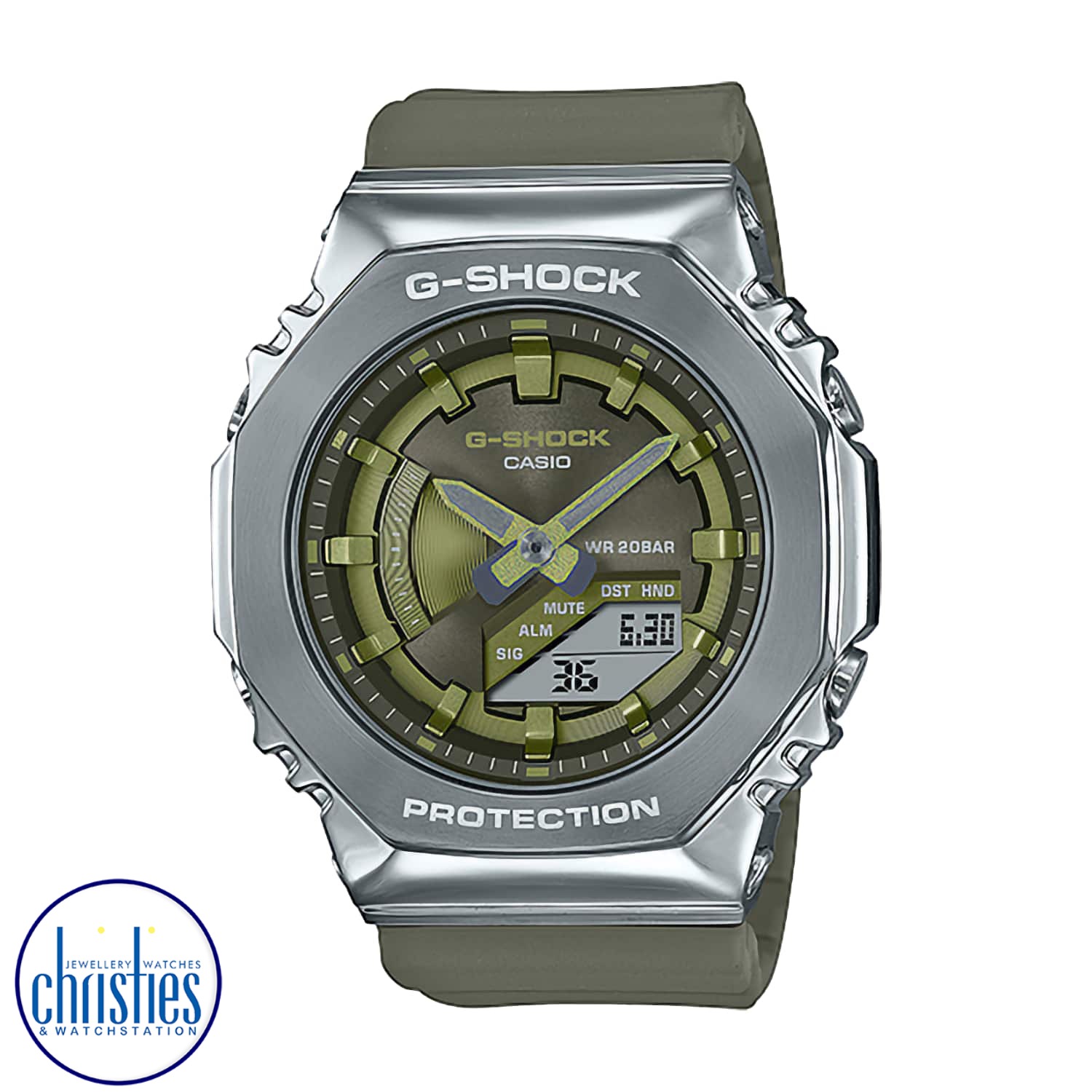 GMS2100-3A G-SHOCK Unisex Carbon Core Metal Clad Watch. Go slim, clean and bold with a mid-sized G-SHOCK in a metal-clad octagonal take on the original iconic design. Forged in stainless steel with rounded hairline finish, the strong bezel says super styl