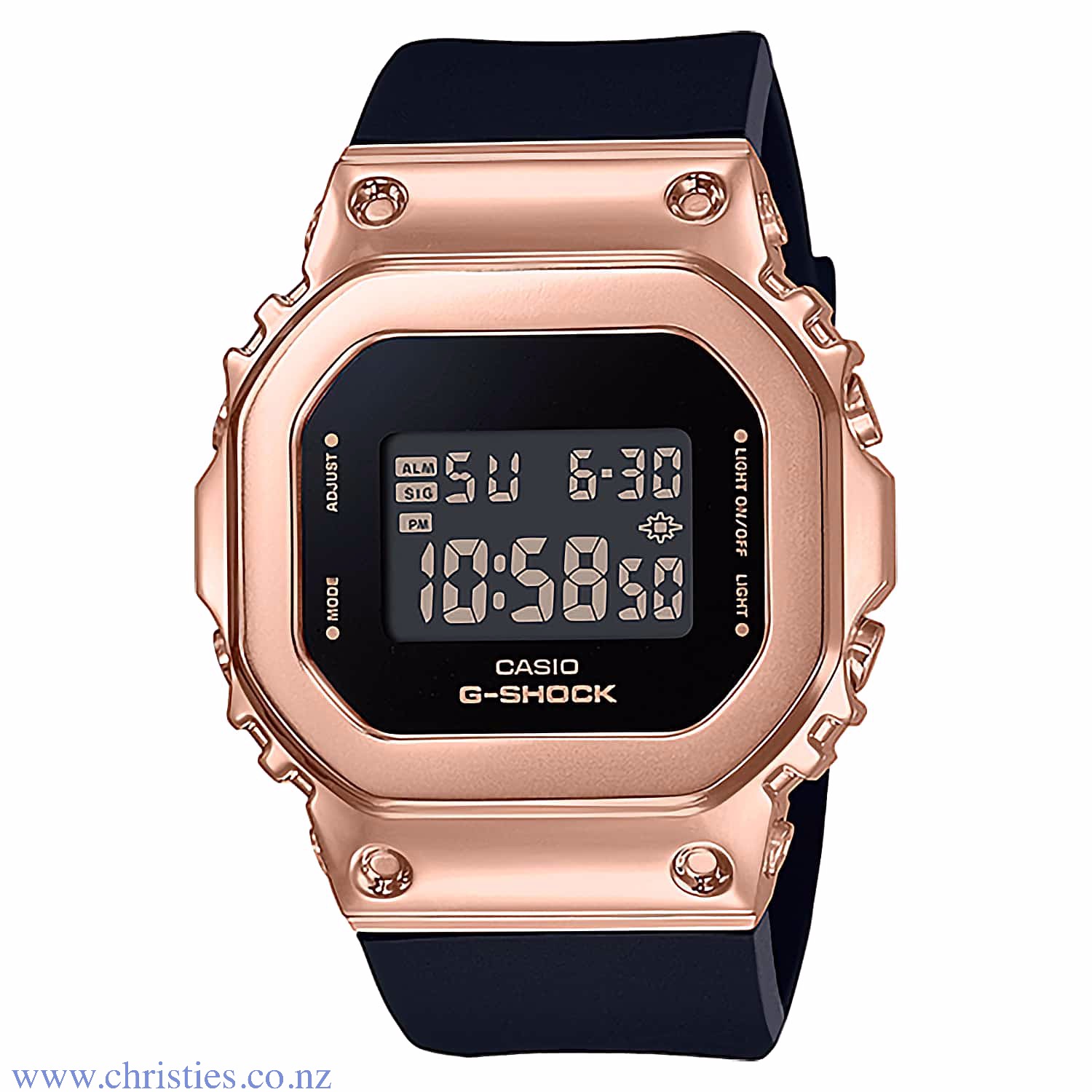GMS5600PG-1 G-Shock Womens Pink Gold Bezel Watch. Introducing new compact G-SHOCK models that are great choices for women who prefer mannish G-SHOCK styling. The iconic square design of the 5600 Series with a metal-covered bezel. All the shock resistance 