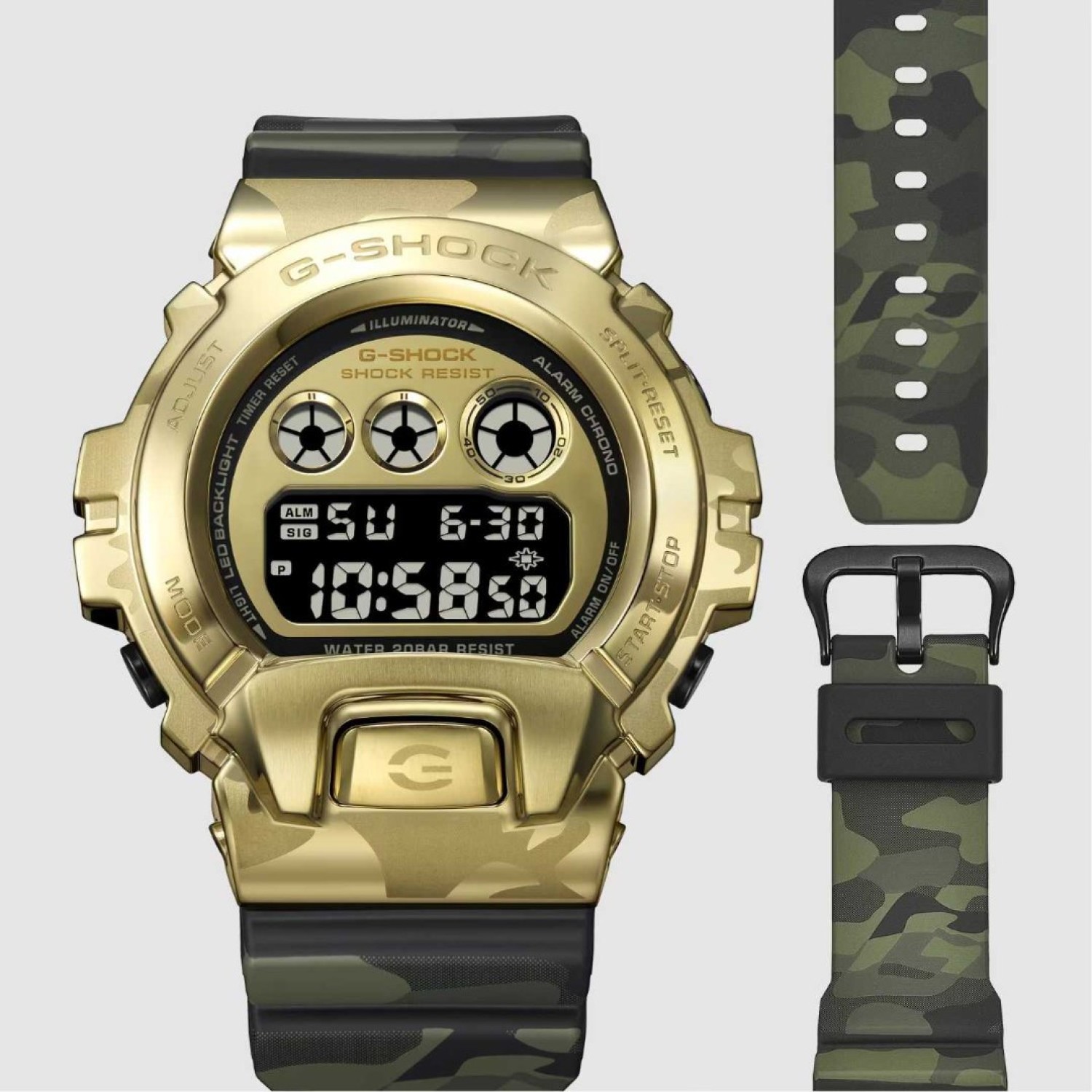 Casio G-Shock GM6900G-9D Gold Camouflage Digital Watch front view