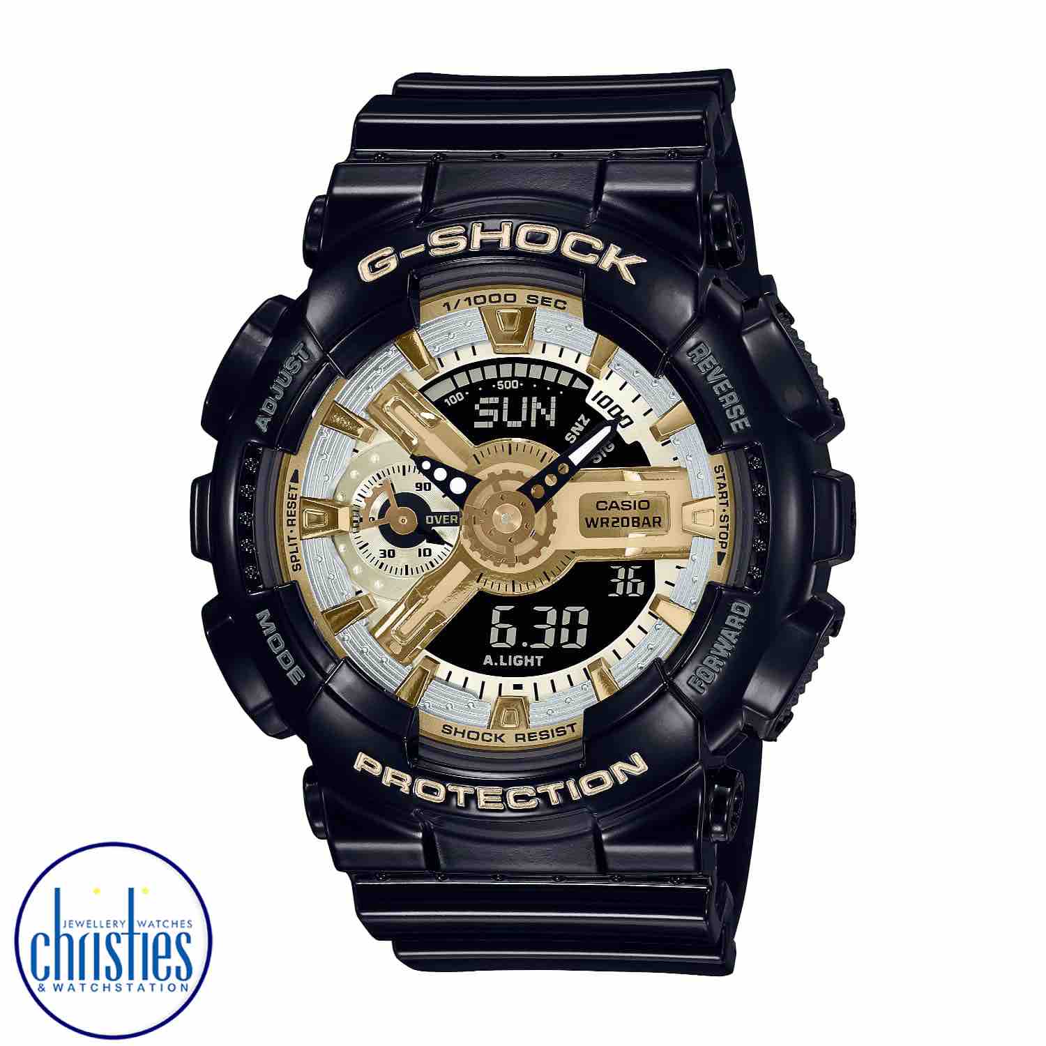 GMAS110GB-1A G-SHOCK Womens Black Gold Watch. Enjoy the iconic oversized GA-110 with a watch face designed for depth and dimension and numerous fine components, all in a timepiece with a smaller profile.