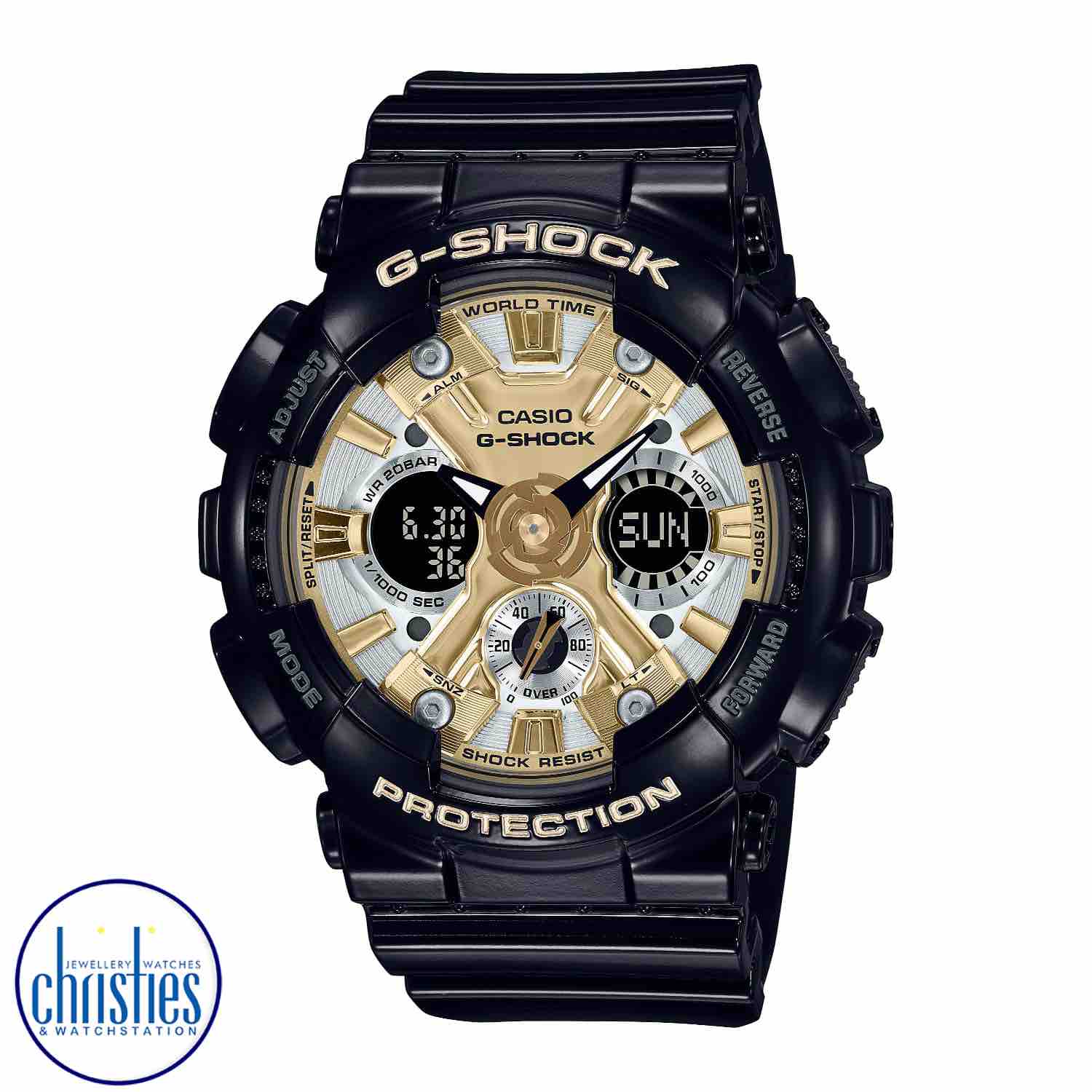 GMAS120GB-1A G-SHOCK  Womens Black Gold Watch. Enjoy the iconic oversized GA-110 with a watch face designed for depth and dimension and numerous fine components, all in a timepiece with a smaller profile.