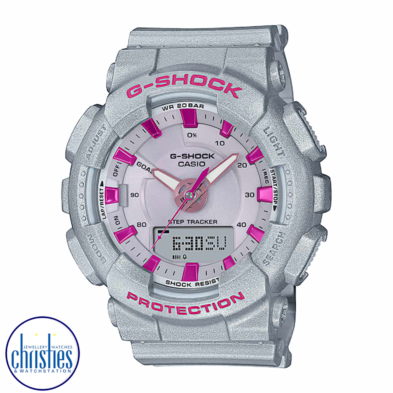 GMAS130NP-8A G-SHOCK Womens Neo Punk Watch. Casio brings punk fashion to the ever-popular analog-digital G-SHOCK line, in four compact designs.  Punk glam meets pastel with loads of flashy metallic colour and studs offset by softer hues for the case, band