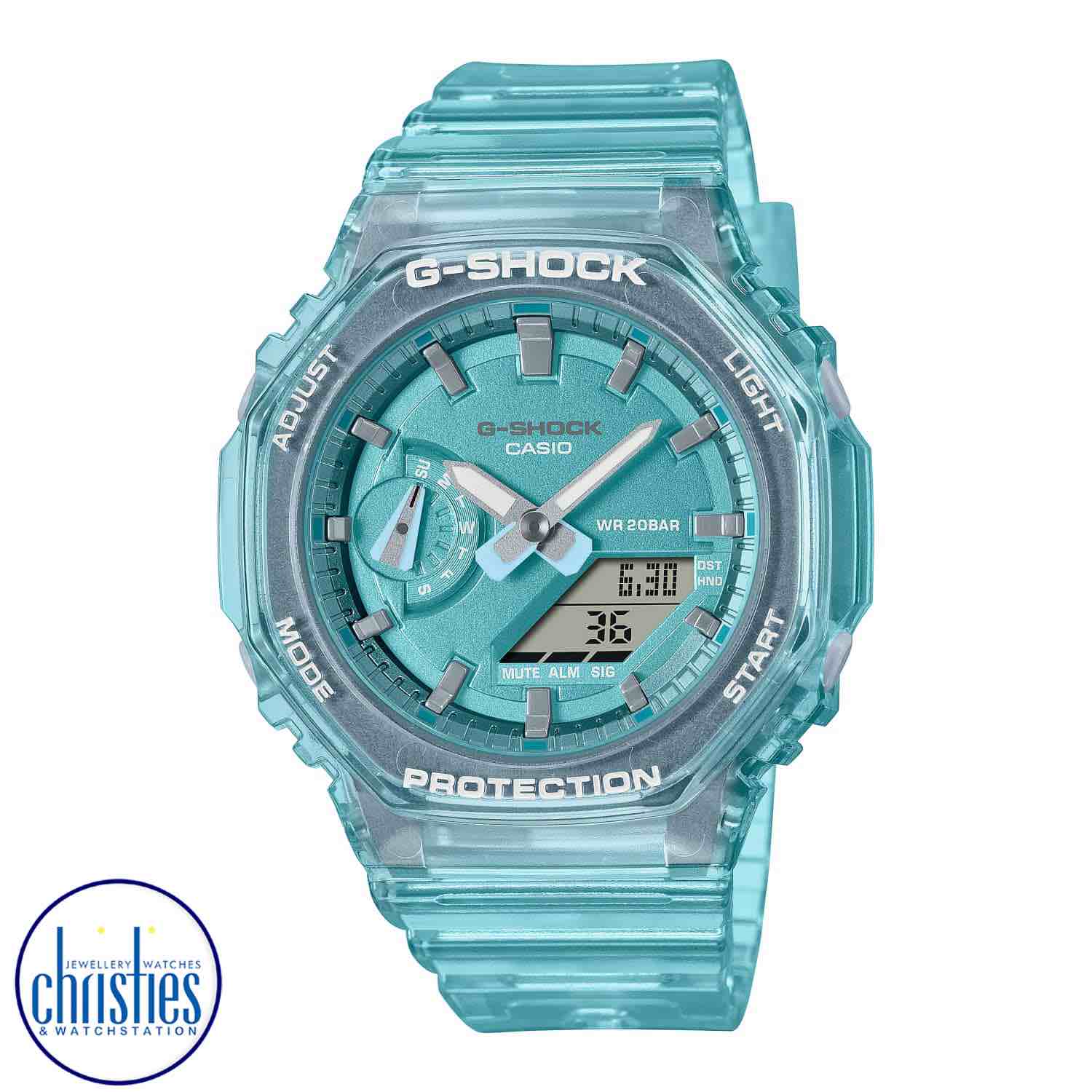 GMAS2100SK-2A G-SHOCK Metallic Translucent Womens Watch. Slip on a splash of clear metallic pleasure with the ever-popular analog-digital combination GA-2100 in a slimmer, more compact profile.