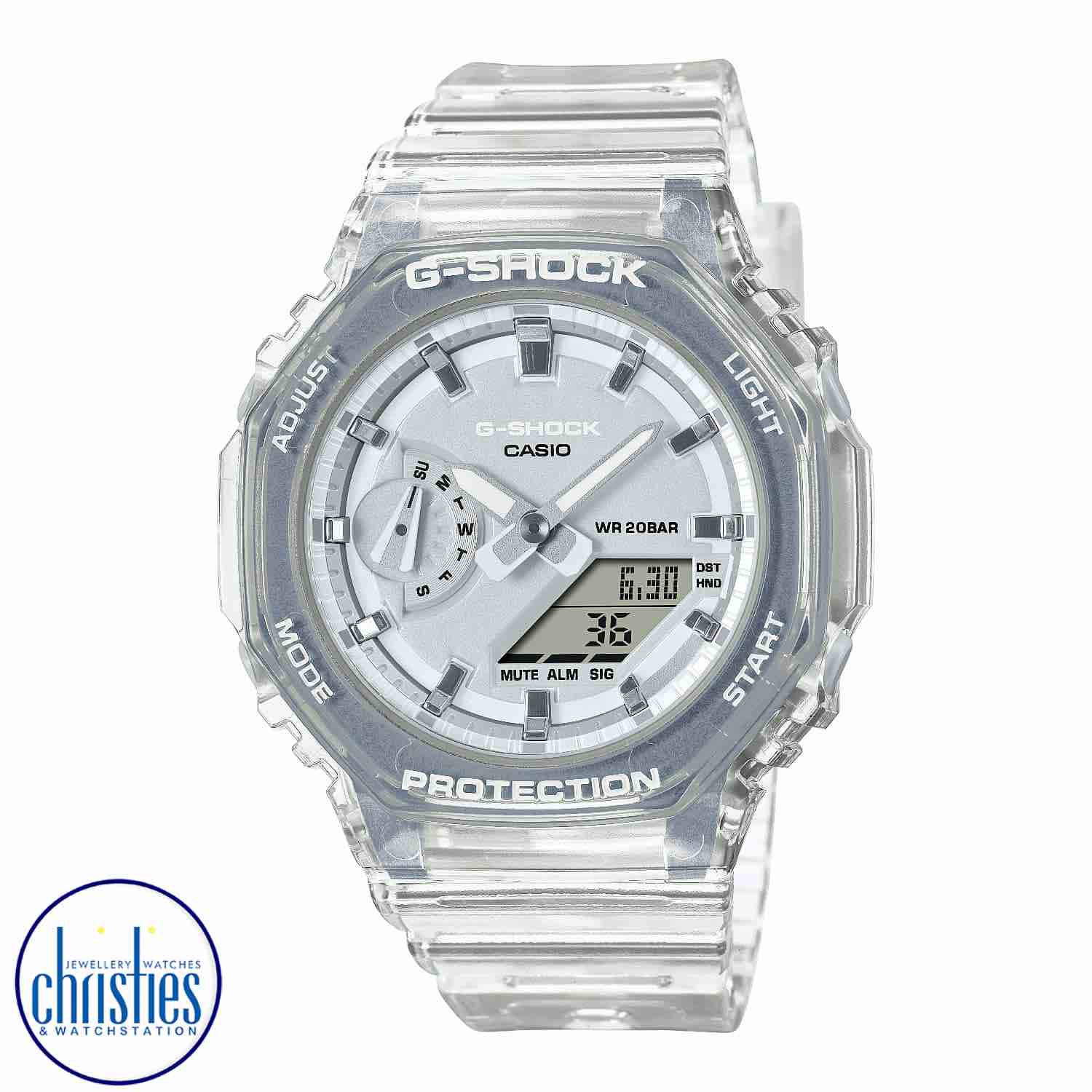 GMAS2100SK-7A G-SHOCK Metallic Translucent Womens Watch. Slip on a splash of clear metallic pleasure with the ever-popular analog-digital combination GA-2100 in a slimmer, more compact profile.