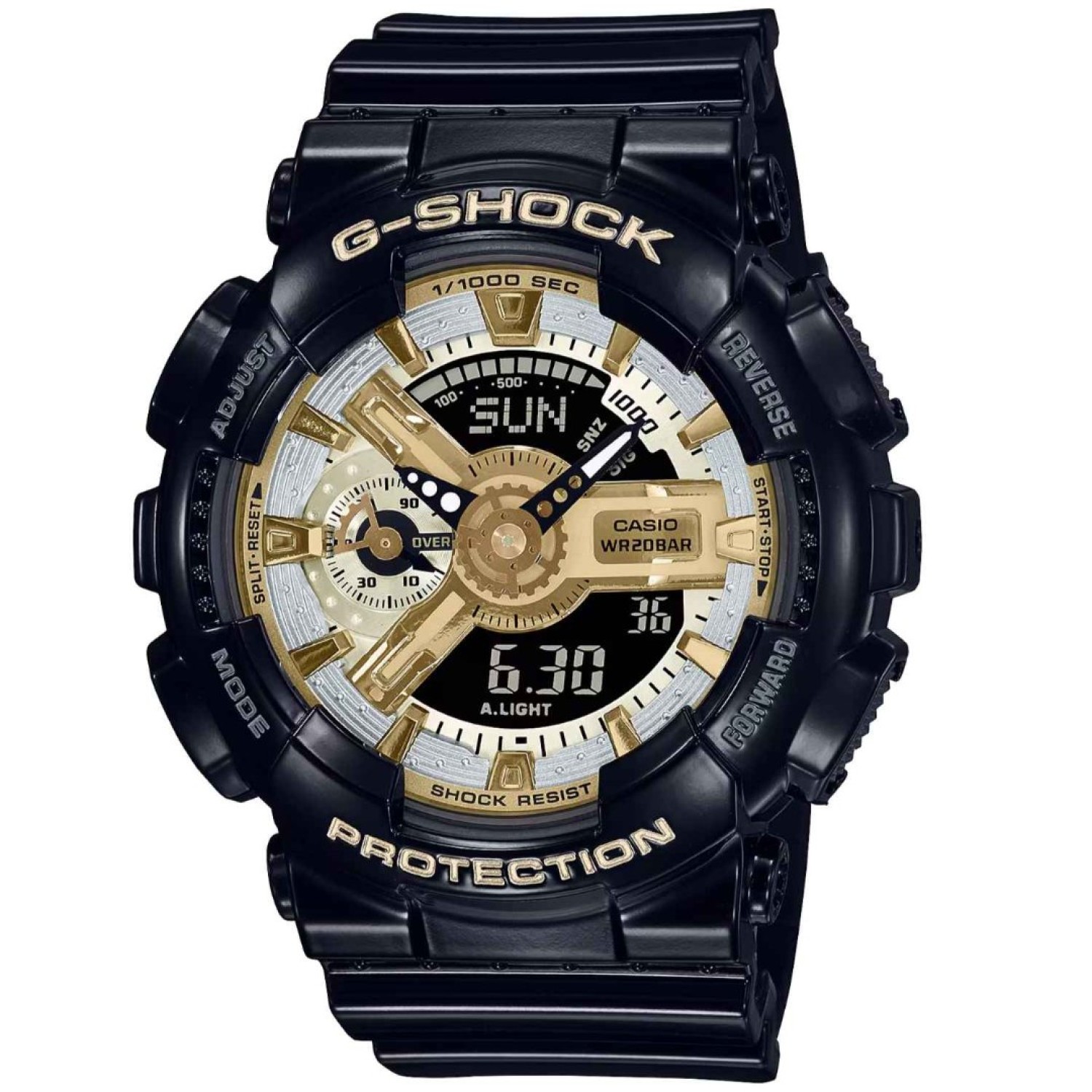 GMAS110GB-1A G-SHOCK Womens Black Gold Watch. Enjoy the iconic oversized GA-110 with a watch face designed for depth and dimension and numerous fine components, all in a timepiece with a smaller profile.