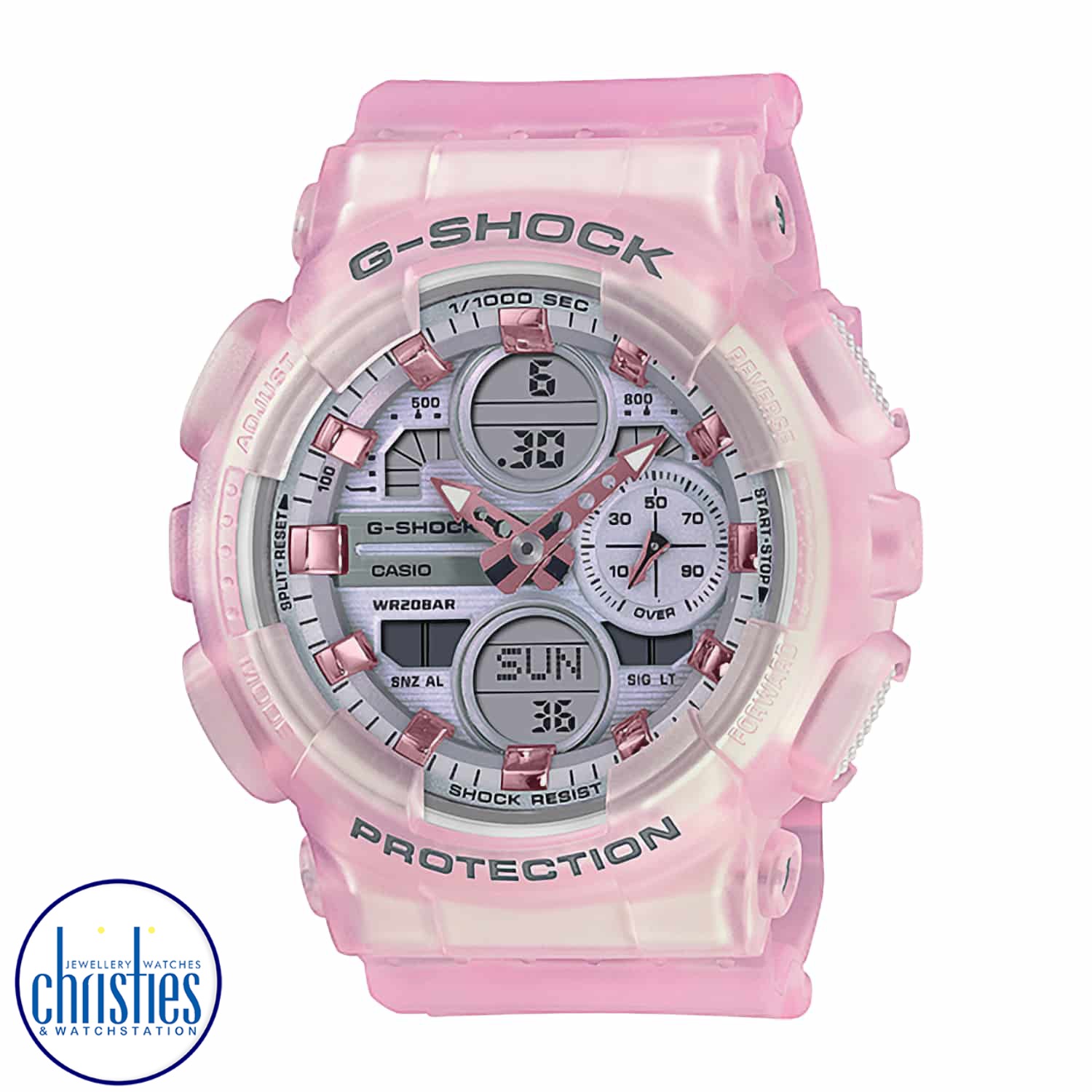 GMAS140NP-4A G-SHOCK Womens Neo Punk Watch. Casio brings punk fashion to the ever-popular analog-digital G-SHOCK line, in four compact designs.  Punk glam meets pastel with loads of flashy metallic colour and studs offset by softer hues for the case, band