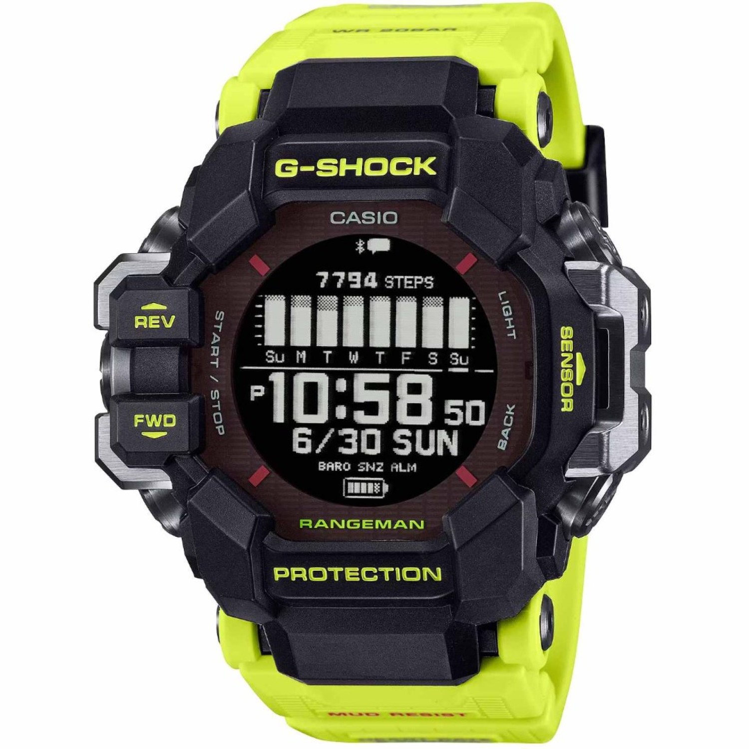 GPRH1000RY-1A9 G-Shock Rangeman with a rugged black and yellow design, featuring advanced sensors and GPS functionality for outdoor use