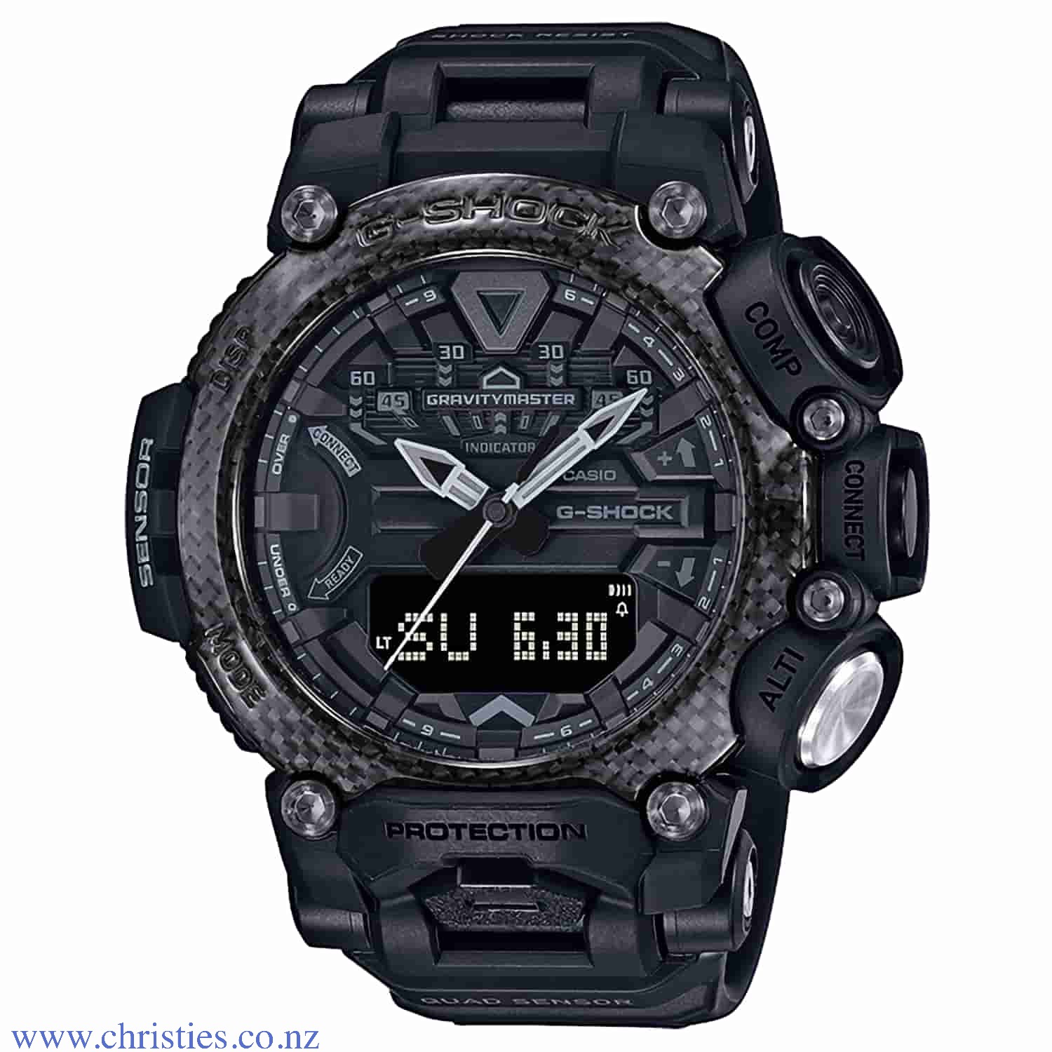 GRB200-1B Casio G-Shock Gravitymaster  Watch. Start with strong, lightweight carbon fibre, then add rugged style in a handsome black and grey colour scheme. Now you’re ready for anything.  Designed for pros working in tough environments, MASTER of G speci