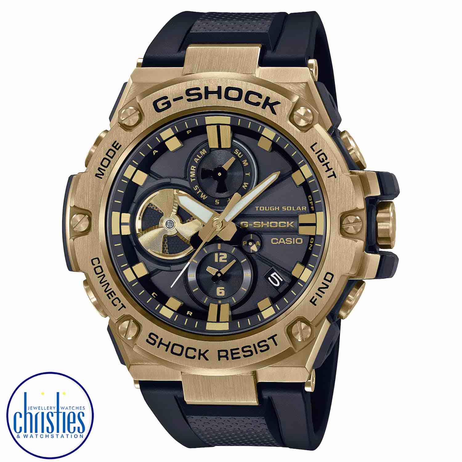 GSTB100GB-1A9 G-Shock G-STEEL Smartphone Link Tough Solar Watch. Revel in the eclectic G-STEEL combination of metal and resin components in an ever-popular colour scheme of black and gold.