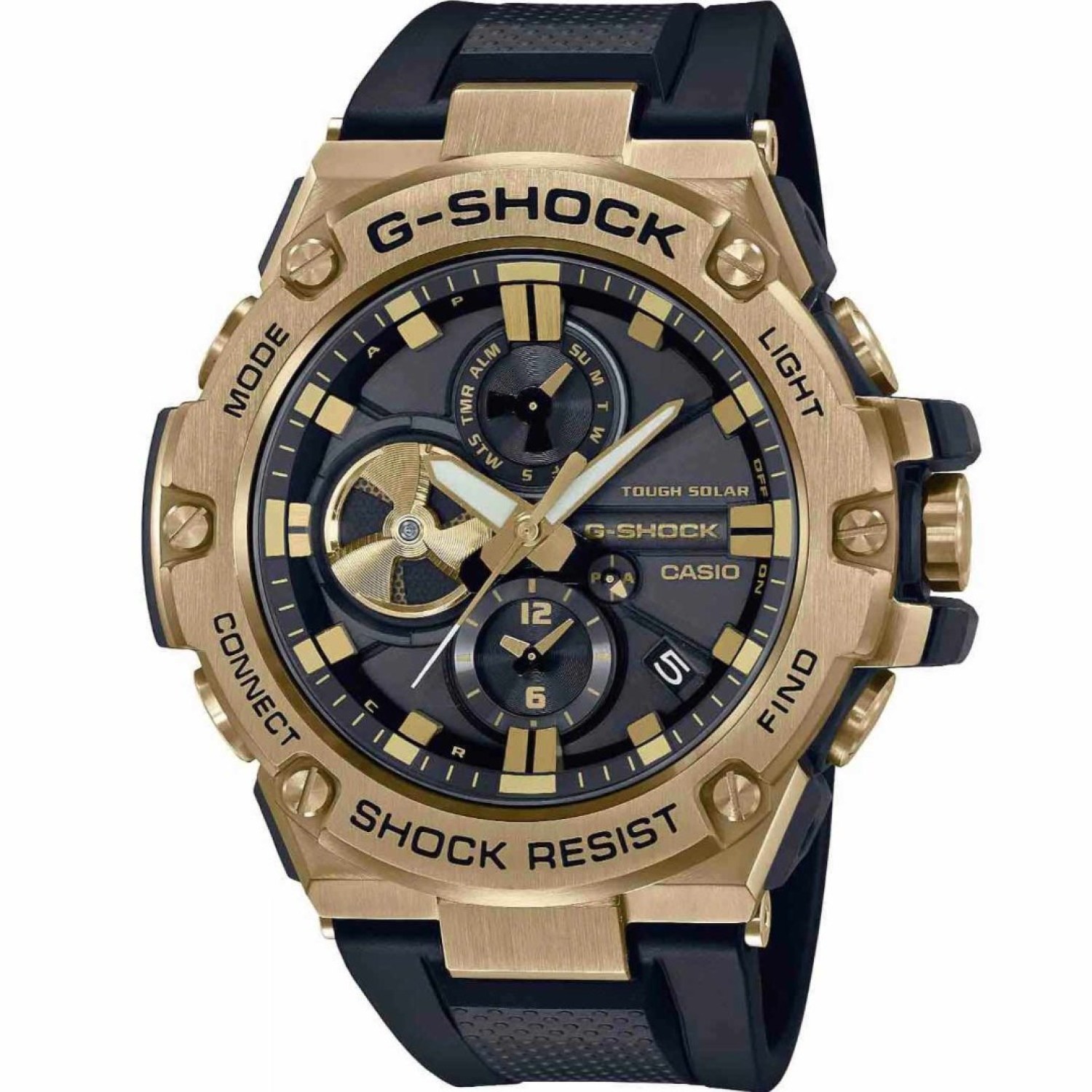 GSTB100GB-1A9 G-Shock G-STEEL Smartphone Link Tough Solar Watch GSTB100GB-1A9 G-Shock G-STEEL Smartphone Link Tough Solar Watch. Revel in the eclectic G-STEEL combination of metal and resin components in an ever-popular colour scheme of black and gold.
