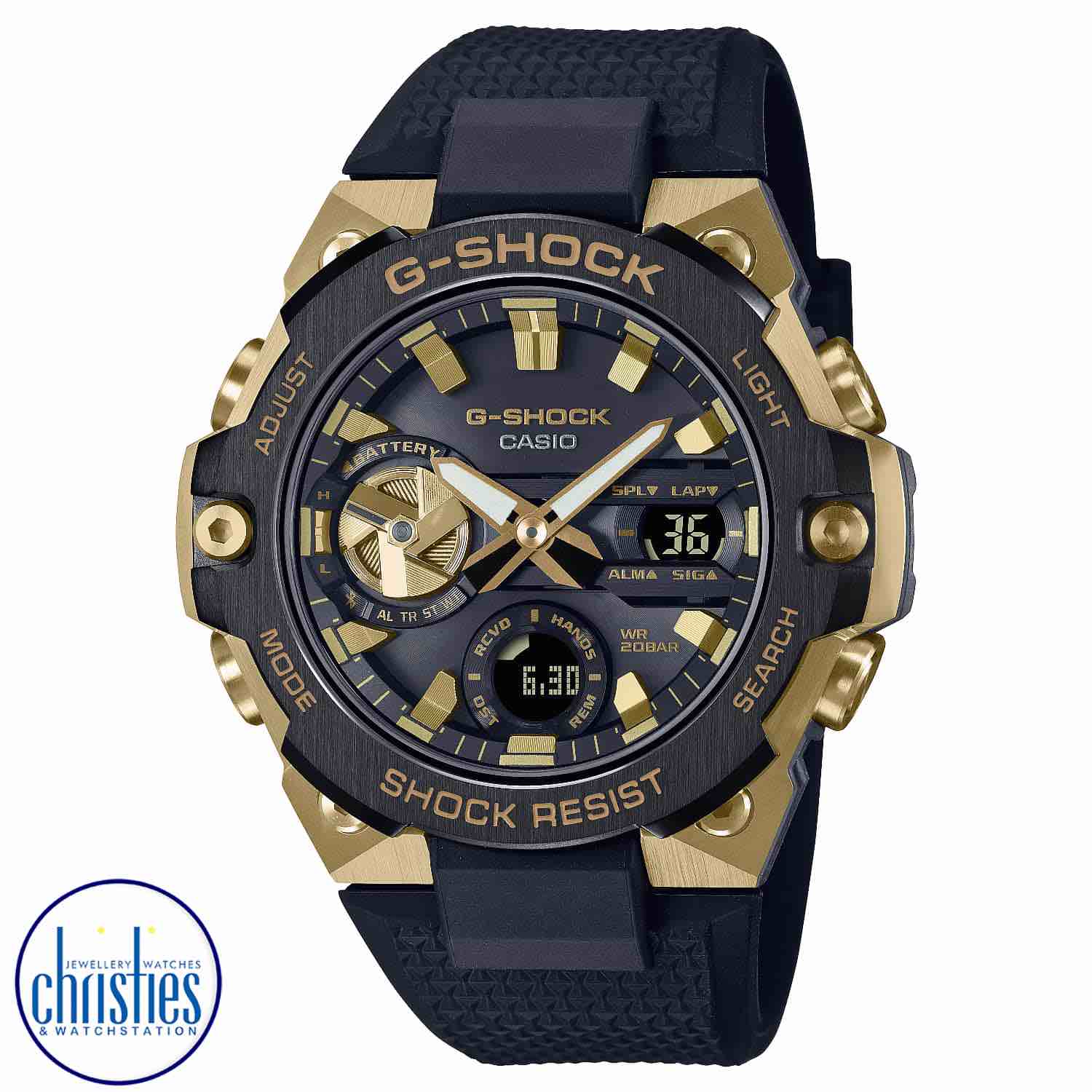 GSTB400GB-1A9 Casio G-Shock G-STEEL Watch. Revel in the eclectic G-STEEL combination of metal and resin components in an ever-popular colour scheme of black and gold.