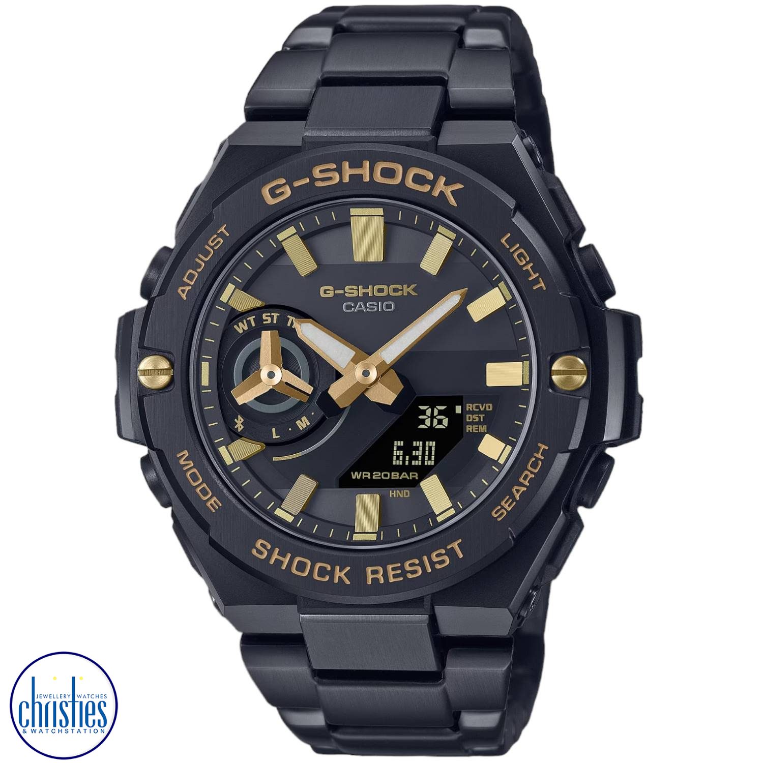 GSTB500BD-1A9  Casio G-Shock G-STEEL Solar All Black  Watch. The GST-B500 line brings together smaller components and high-density mounting, continuing to deliver Bluetooth connectivity and solar power charging but in an even slimmer profile.