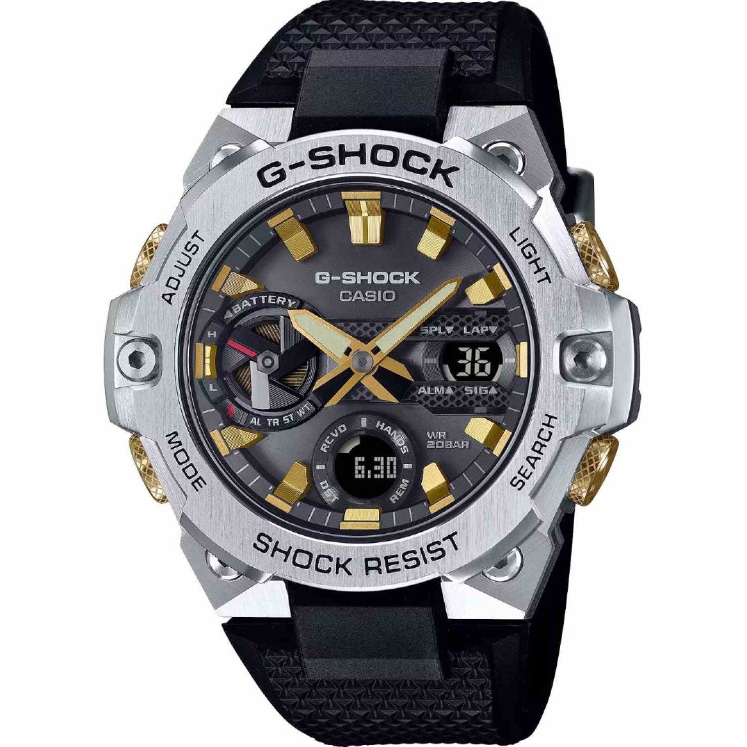 "GSTB400CX-1A Casio G-Shock G-STEEL Watch – Year of the Snake Special Edition GSTB400CX-1A Casio G-Shock G-STEEL Watch with a silver metal bezel, black dial, gold accents, and snake-pattern details inspired by the Year of the Snake. Features shock resistance, solar power, Bluetooth connectivity, and a durable resin band.