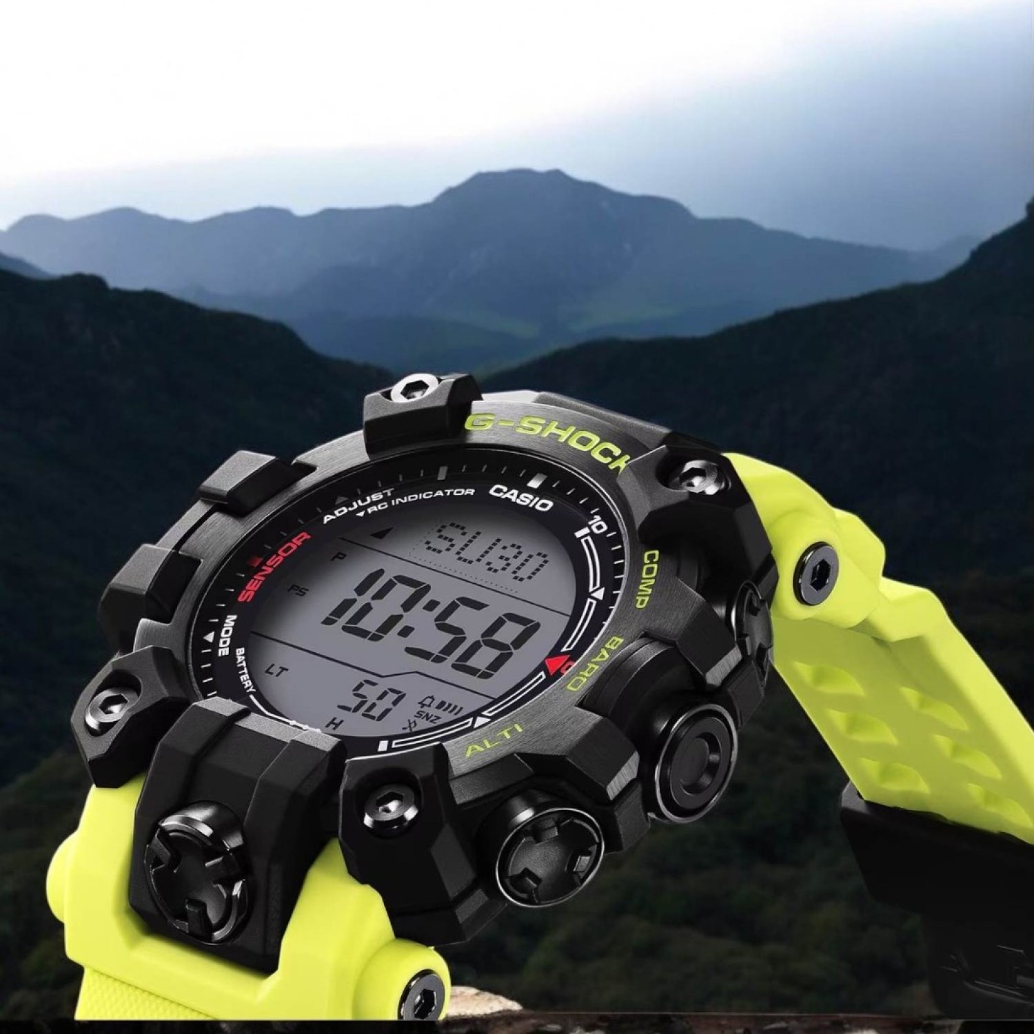 GW9500MRY-1A9 G-Shock Mudman, a rugged digital watch with a bold black bezel and vibrant yellow strap, designed for harsh environments with advanced features like Triple Sensor technology.