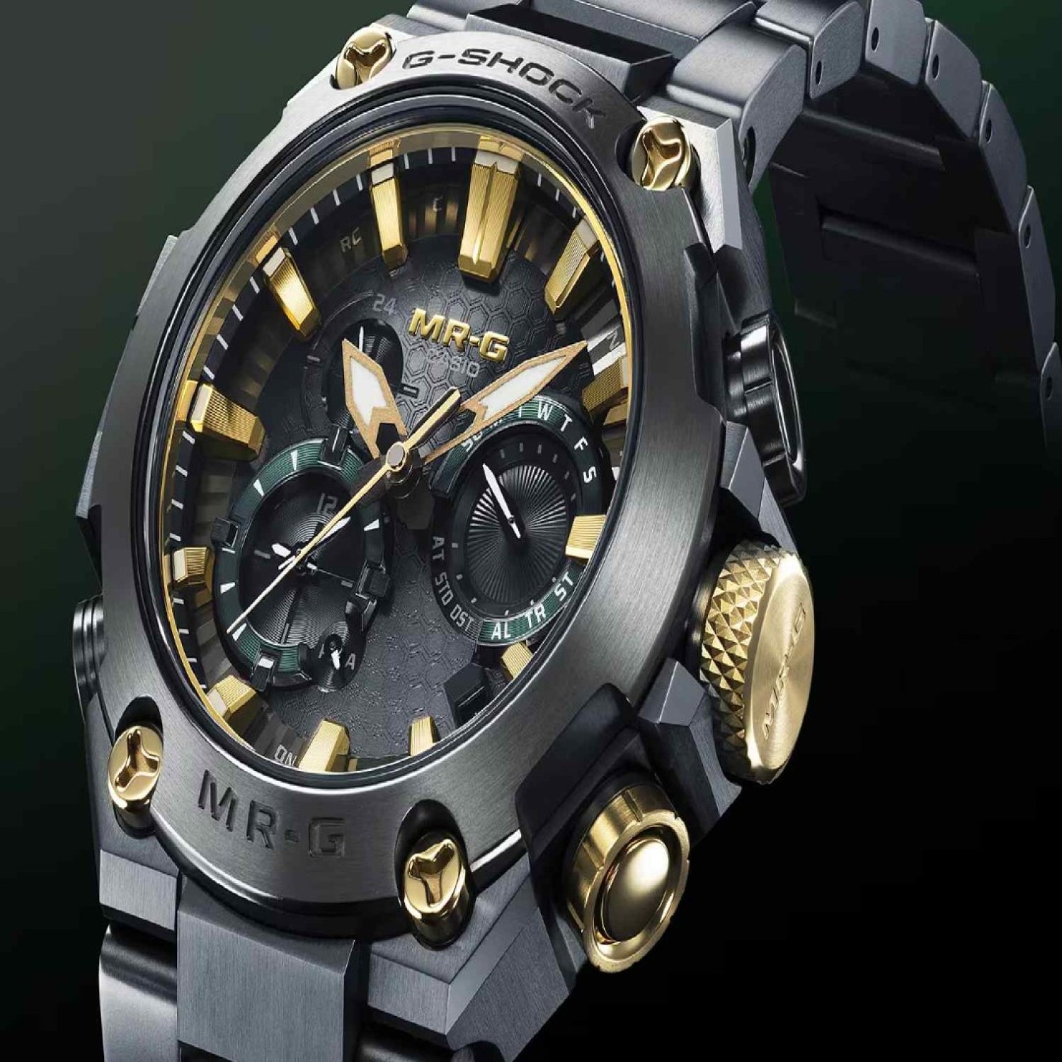 G-Shock MR-G MRGB2000BG-3A Hana-Basara Titanium Watch – Black & Gold with Green DLC Coating G-Shock MR-G MRGB2000BG-3A Hana-Basara Titanium Watch with Black & Gold Finish, Green DLC Coating, and Folding Fan-Inspired Dial Design