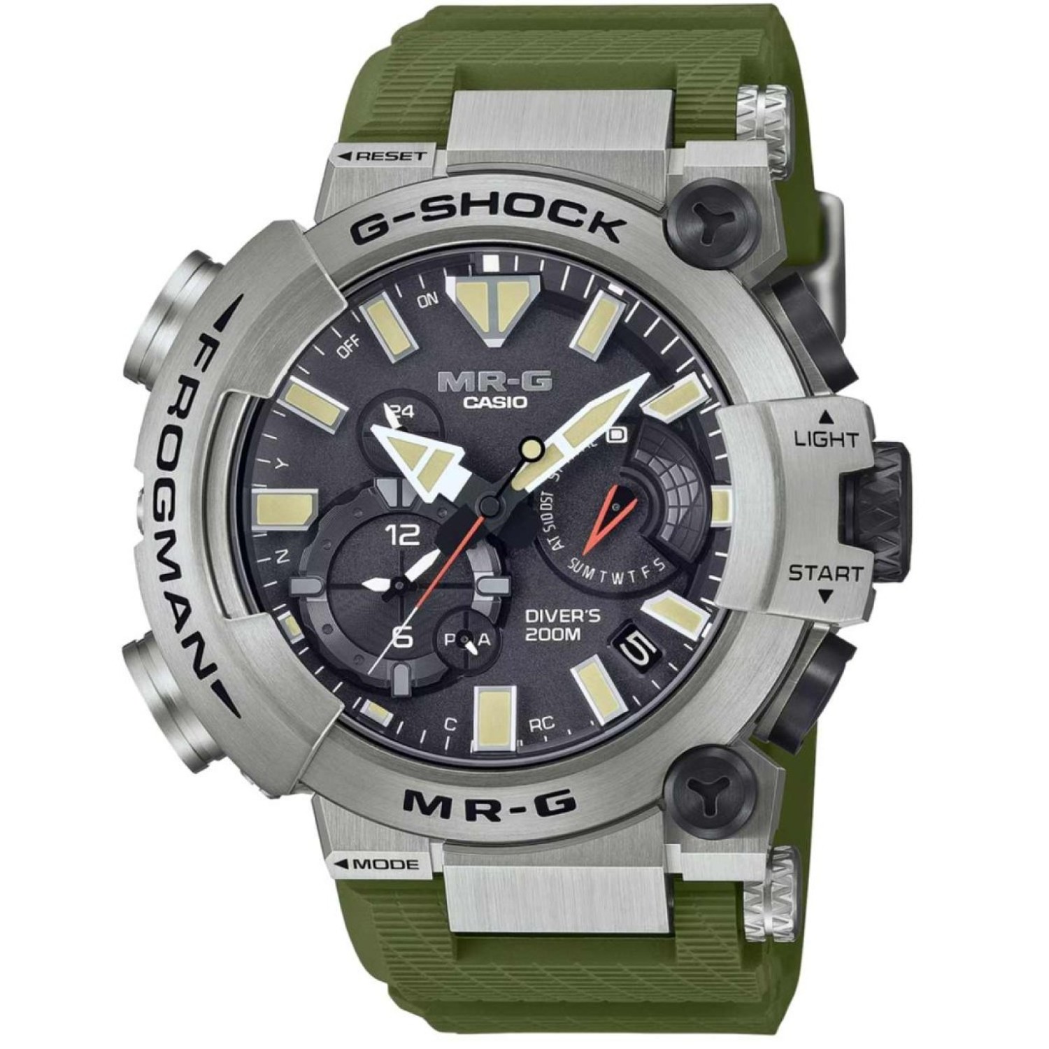 MRGBF1000RG-3A G-SHOCK Frogman – Titanium Dive Watch with Green Strap MRGBF1000RG-3A G-SHOCK Frogman by G-Shock | Watch with green strap, designed for diving and outdoor adventure.