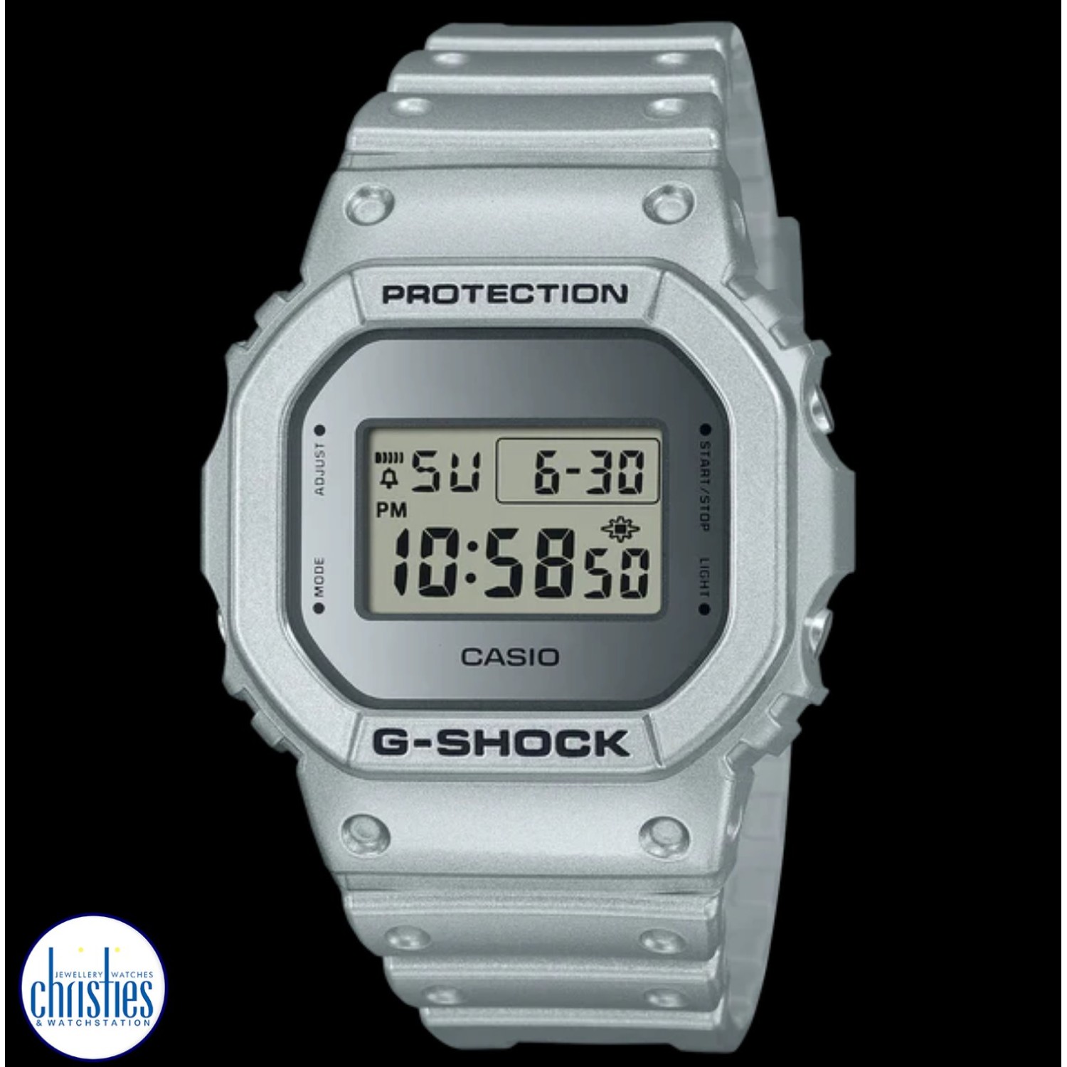 Christies Jewellery - DW5600FF-8B G-SHOCK Retrofuturistic designs in metallic silver diamond rings nz DW5600FF-8B G-SHOCK Retrofuturistic designs in metallic silver DW5600FF-8D diamond jewellery