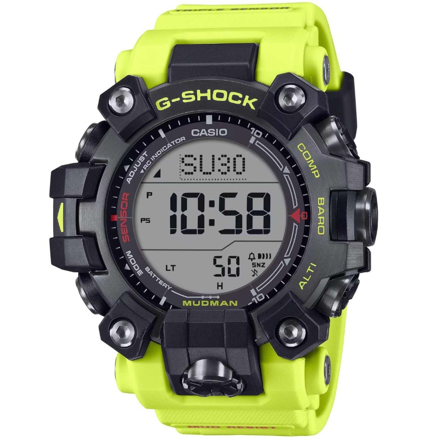 Rugged Performance: GW9500MRY-1A9 G-Shock Mudman GW9500MRY-1A9 G-Shock Mudman, a rugged digital watch with a bold black bezel and vibrant yellow strap, designed for harsh environments with advanced features like Triple Sensor technology.
