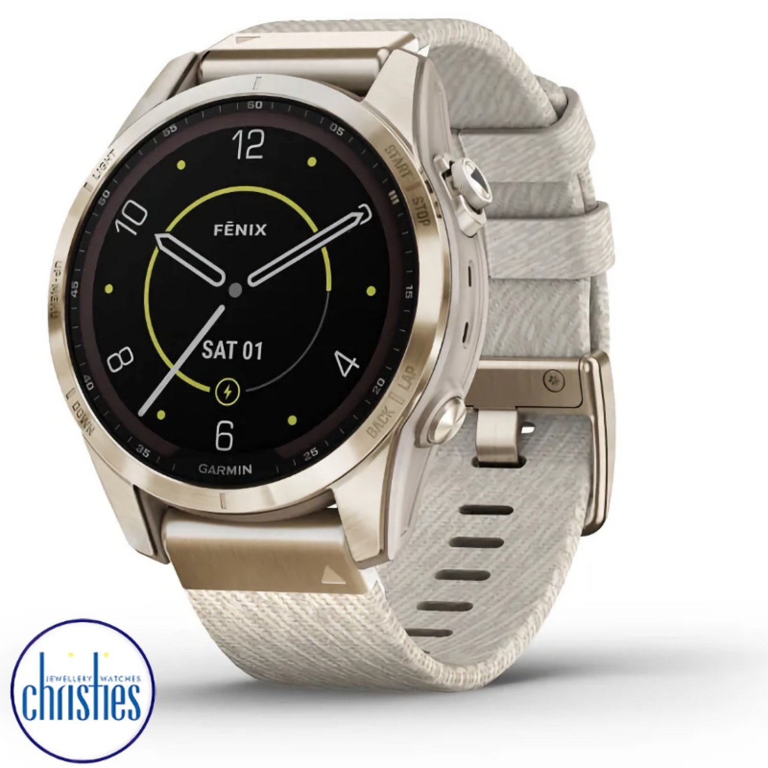 Christies Jewellery - fēnix® 7S Sapphire Solar Edition Cream Gold Titanium with Cream Heathered Nylon Band Watches Auckland NZ 10-02539-40 fēnix® 7S Sapphire Solar Edition Cream Gold Titanium with Cream Heathered Nylon Band 010-02539-40 Watches Auckland 10-02539-40