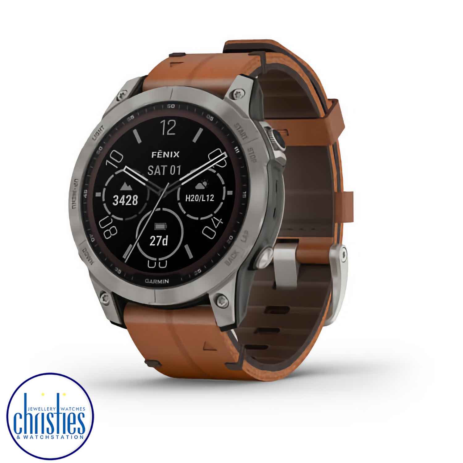 Garmin fenix 7 Sapphire Solar Titanium & Chestnut Leather Band Garmin watches