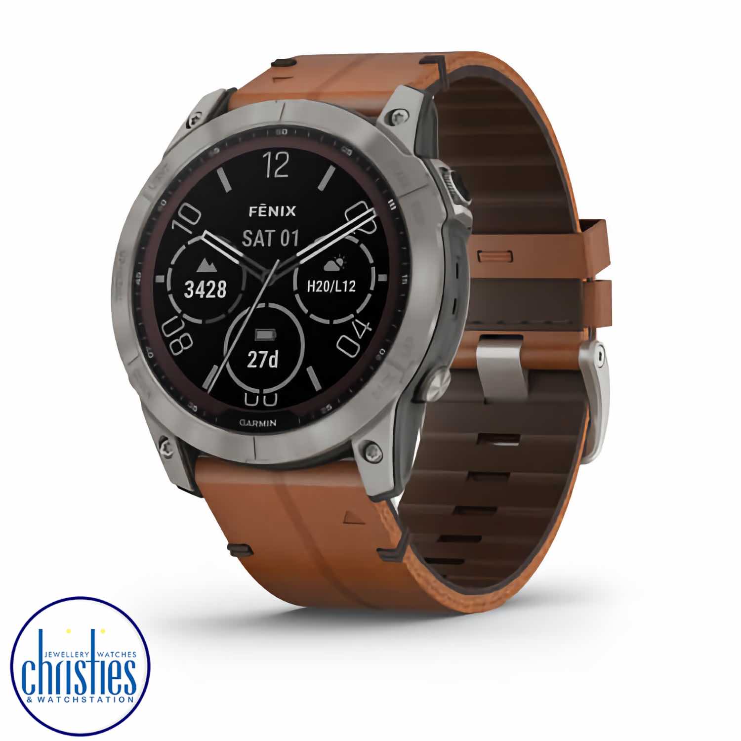 Garmin fenix 7X Sapphire Solar Titanium & Chestnut Leather Band 010-02541-20 Garmin fenix 7X Sapphire Solar Titanium & Chestnut Leather Band