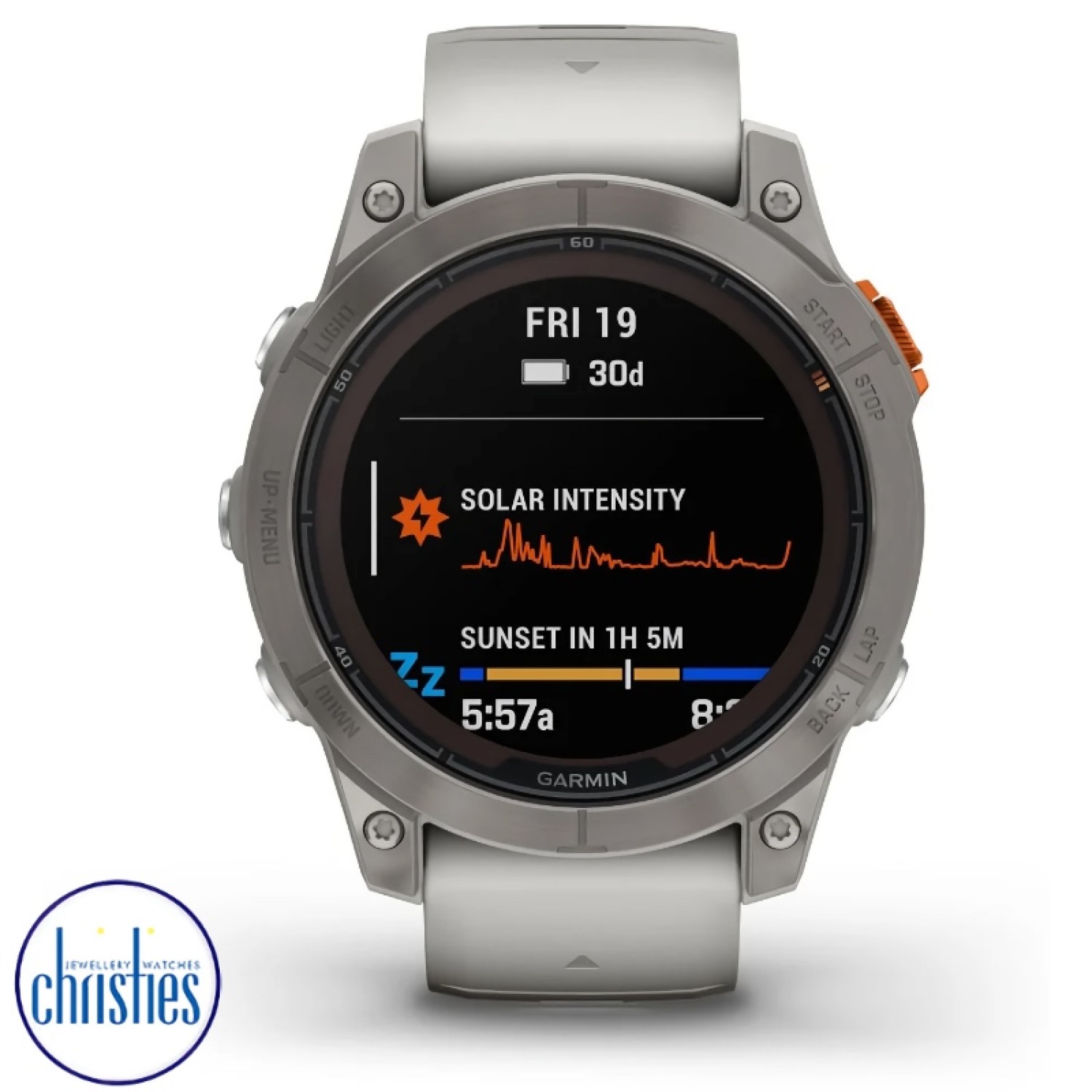 Christies Jewellery - fēnix® 7 Pro – Sapphire Solar Edition Titanium with Fog Grey Ember Orange Band Watches Auckland NZ fēnix® 7 Pro – Sapphire Solar Edition Titanium with Fog Grey Ember Orange Band 010-02777-22 Watches Auckland