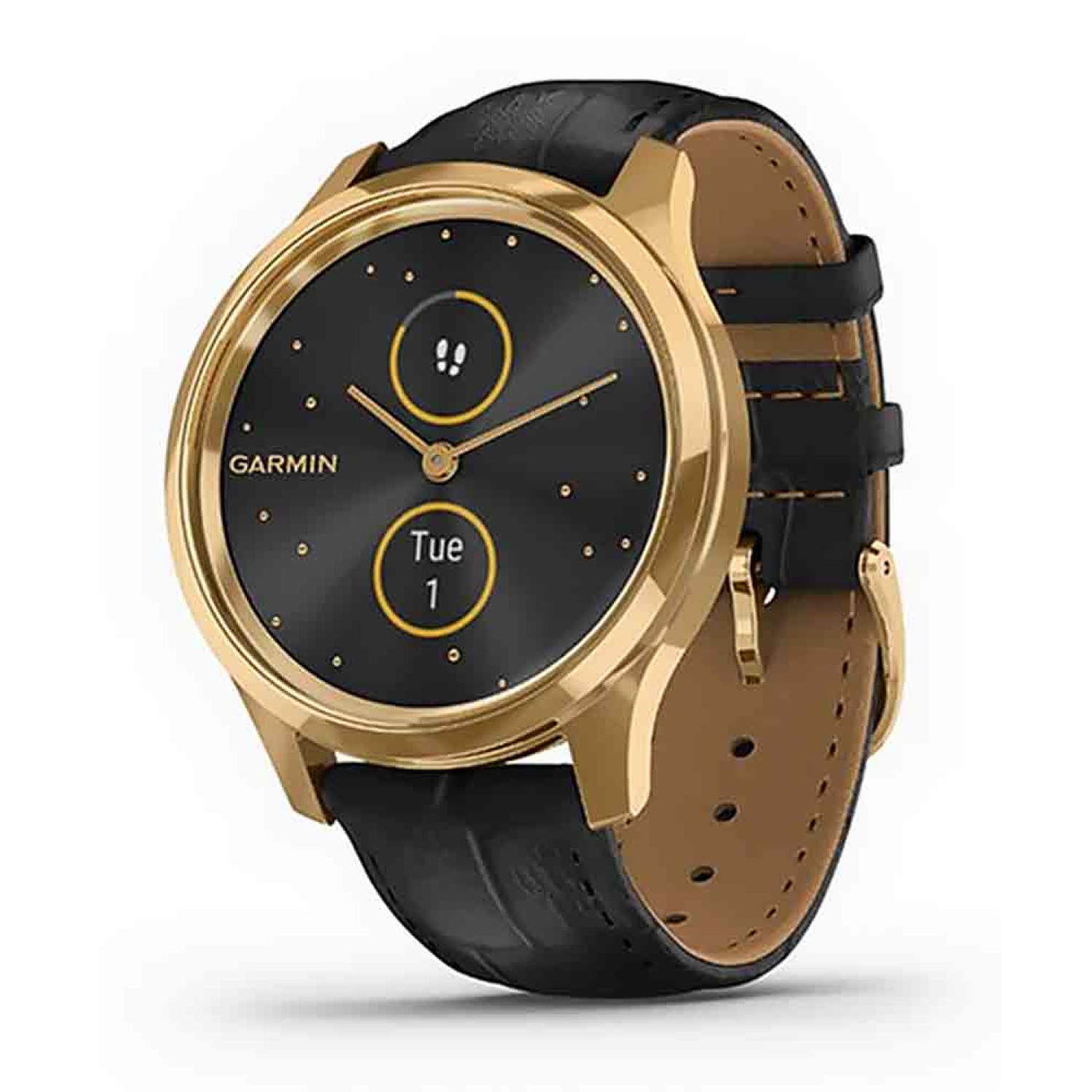 Garmin vívomove Luxe 24K Gold IP Stainless Steel Case with Black Embossed Italian Leather Band. Stylish, traditional analog watch design with real watch hands, including a touchscreen display only visible when you need it   Domed sapphire crystal lens and