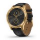 Garmin vívomove Luxe 24K Gold IP Stainless Steel Case with Black Embossed Italian Leather Band. Stylish, traditional analog watch design with real watch hands, including a touchscreen display only visible when you need it   Domed sapphire crystal lens and