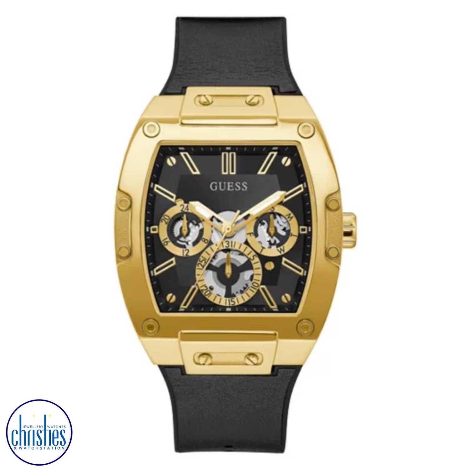 GW0202G1  GOLD TONE CASE BLACK GENUINE LEATHER/SILICONE WATCH. This is a stylish men's watch with a modern and sleek design.