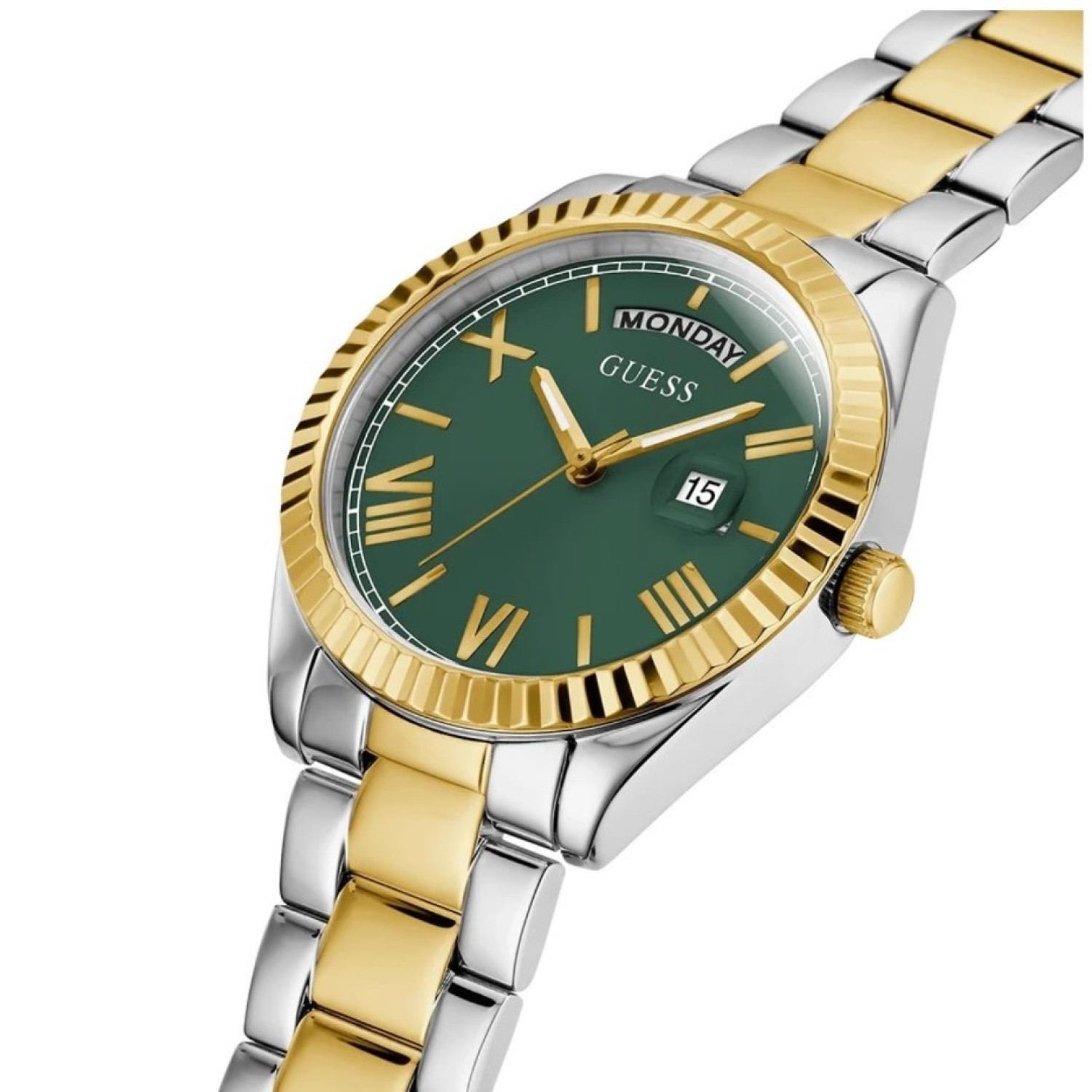 Christies Jewellery - GW0308L5 Guess 2-Tone Day/Date Watch Auckland NZ GW0308L5 Guess 2-Tone Day/Date Watch with Green Colour Dial