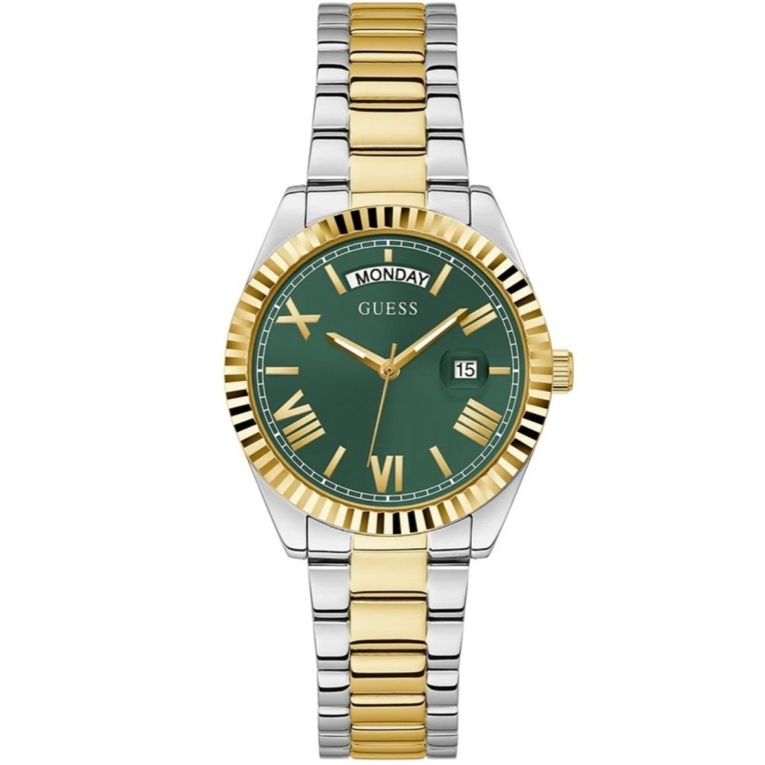 Christies Jewellery - GW0308L5 Guess 2-Tone Day/Date Watch Auckland NZ GW0308L5 Guess 2-Tone Day/Date Watch with Green Colour Dial