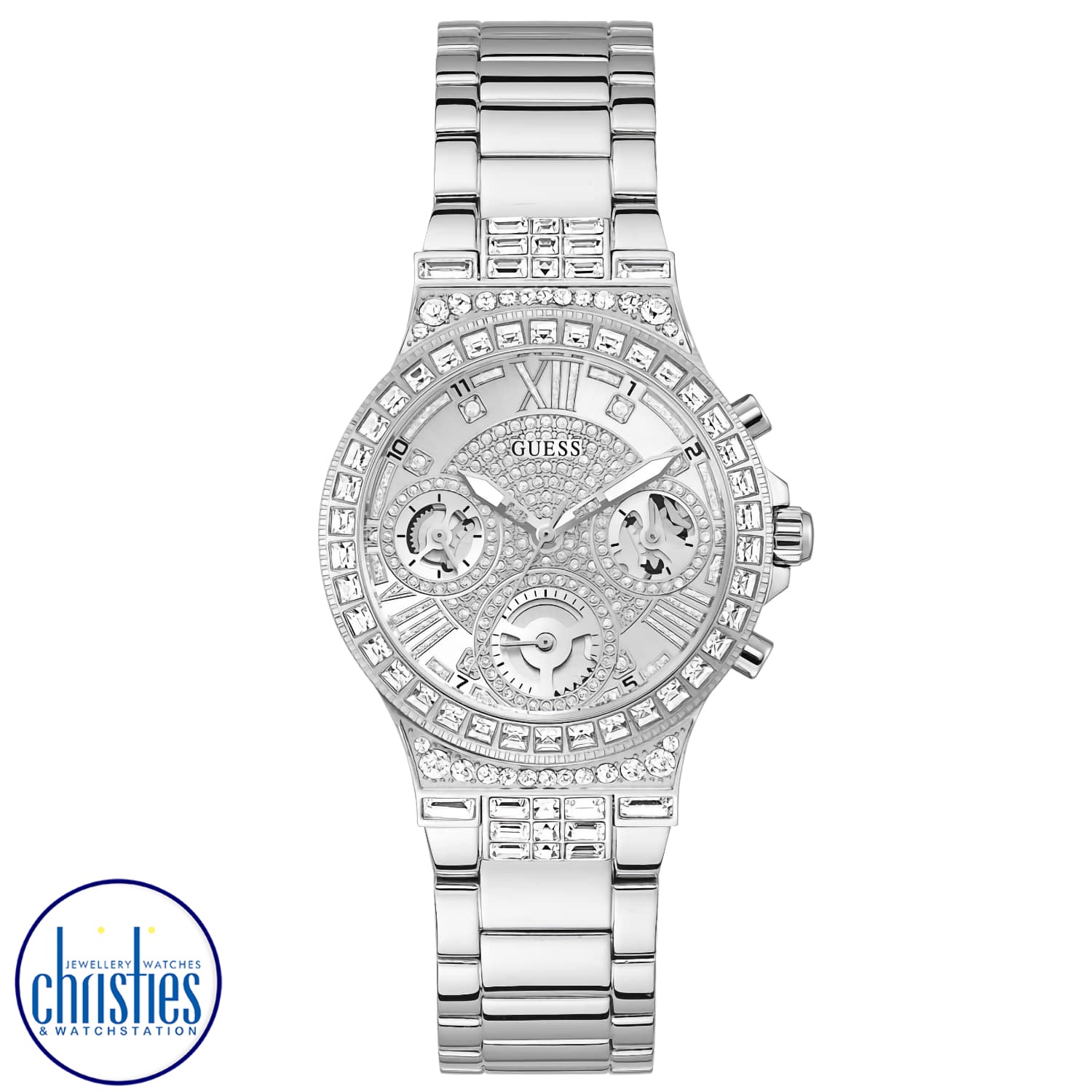 GW0320L1 GUESS Moonlight Ladies Watch. The case is made out of Stainless Steel and the Silver dial gives the watch that unique look. guess watches women's sale