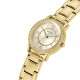 GW0468L2 GUESS Ladies Gold Tone Analogue Watch | Gold GUESS women's wristwatch featuring a white dial, crystal-adorned bezel, gold-tone hour markers, and a gold stainless steel link bracelet.