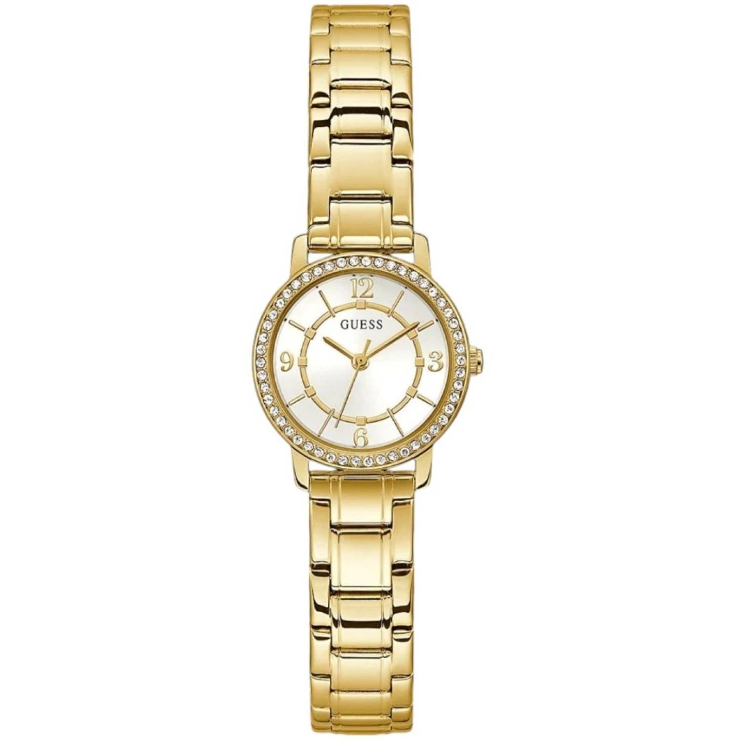 GW0468L2 GUESS Ladies Gold Tone Analogue Watch GW0468L2 GUESS Ladies Gold Tone Analogue Watch | Gold GUESS women's wristwatch featuring a white dial, crystal-adorned bezel, gold-tone hour markers, and a gold stainless steel link bracelet.