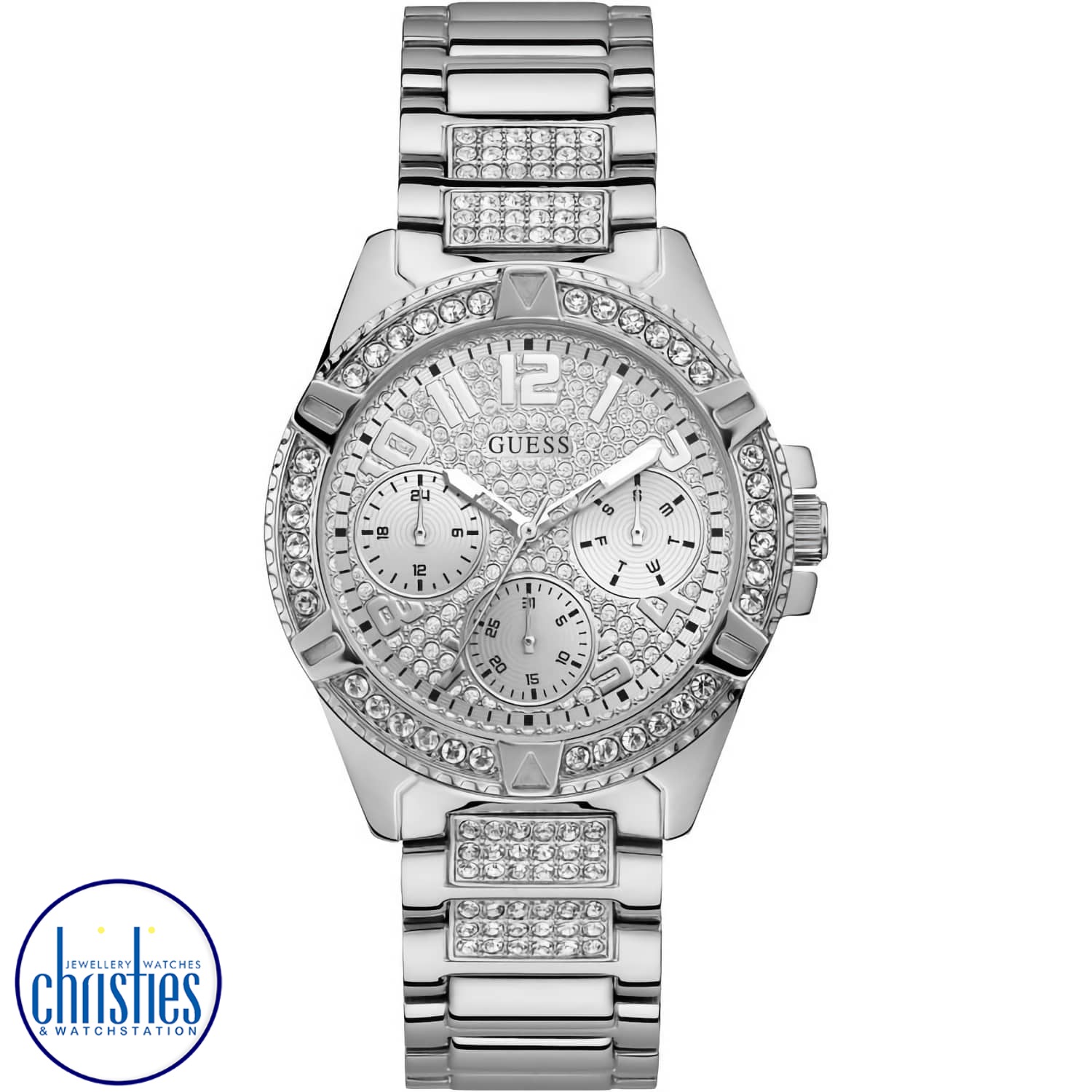 W1156L1 GUESS Lady Frontier Silver Watch. GUESS Ladies watch featuring a polished silver case with crystals, a sunray rose glitz multifunction dial and a polished stainless steel bracelet. guess watches women's sale