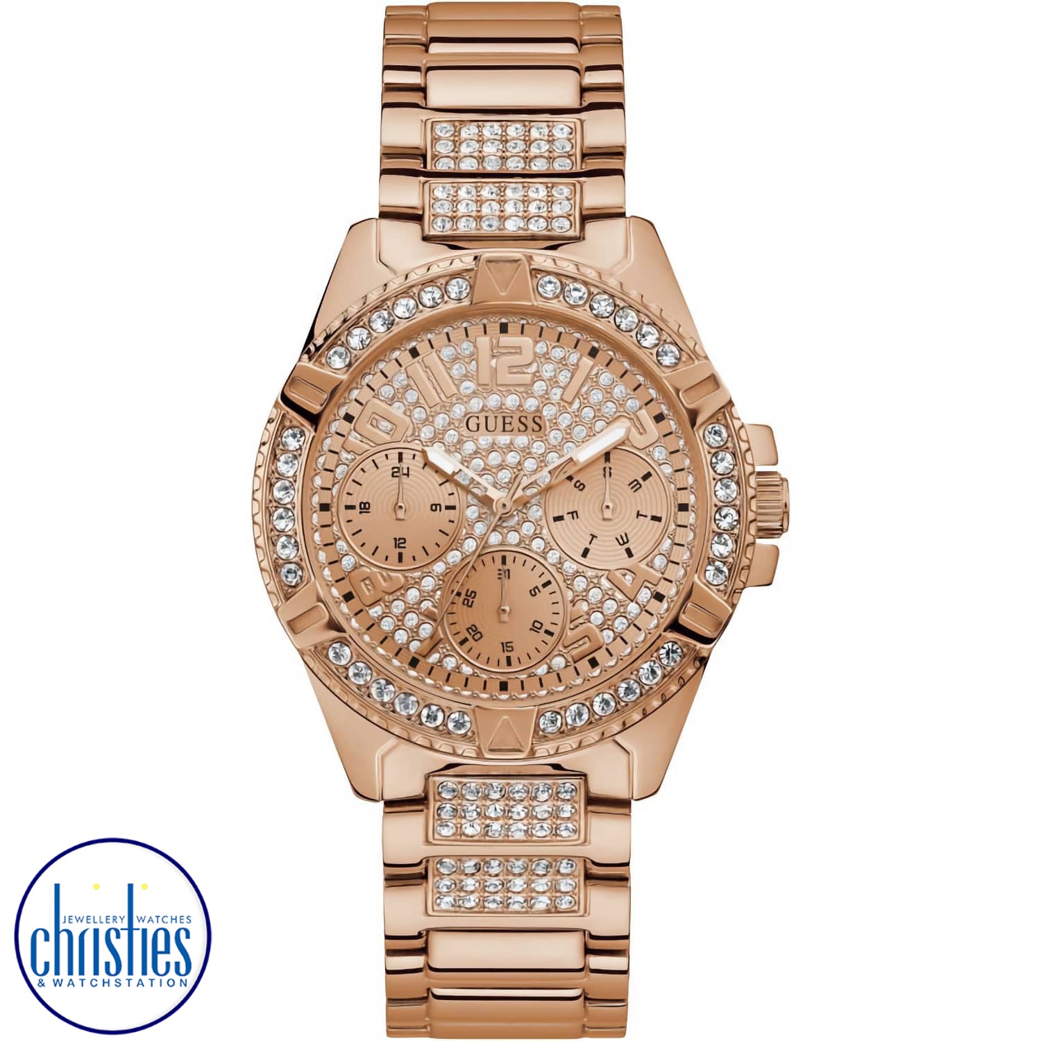 W1156L3 GUESS Lady Frontier Rose Gold Watch. GUESS Ladies watch featuring a polished rose gold case with crystals nad a  sunray rose glitz multifunction dial, and polished rose gold bracelet. guess watches women's sale