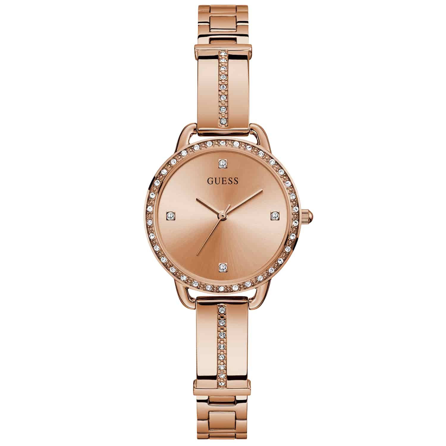 GW0022L3 GUESS Rose Gold Tone Watch. A touch of sparkle on this dressy bangle featuring crystals on the case, bangle and dial. This timepiece is perfect to layer with your favourite bracelets or worn alone. Oxipay is simply the easier way to pay - use Oxi