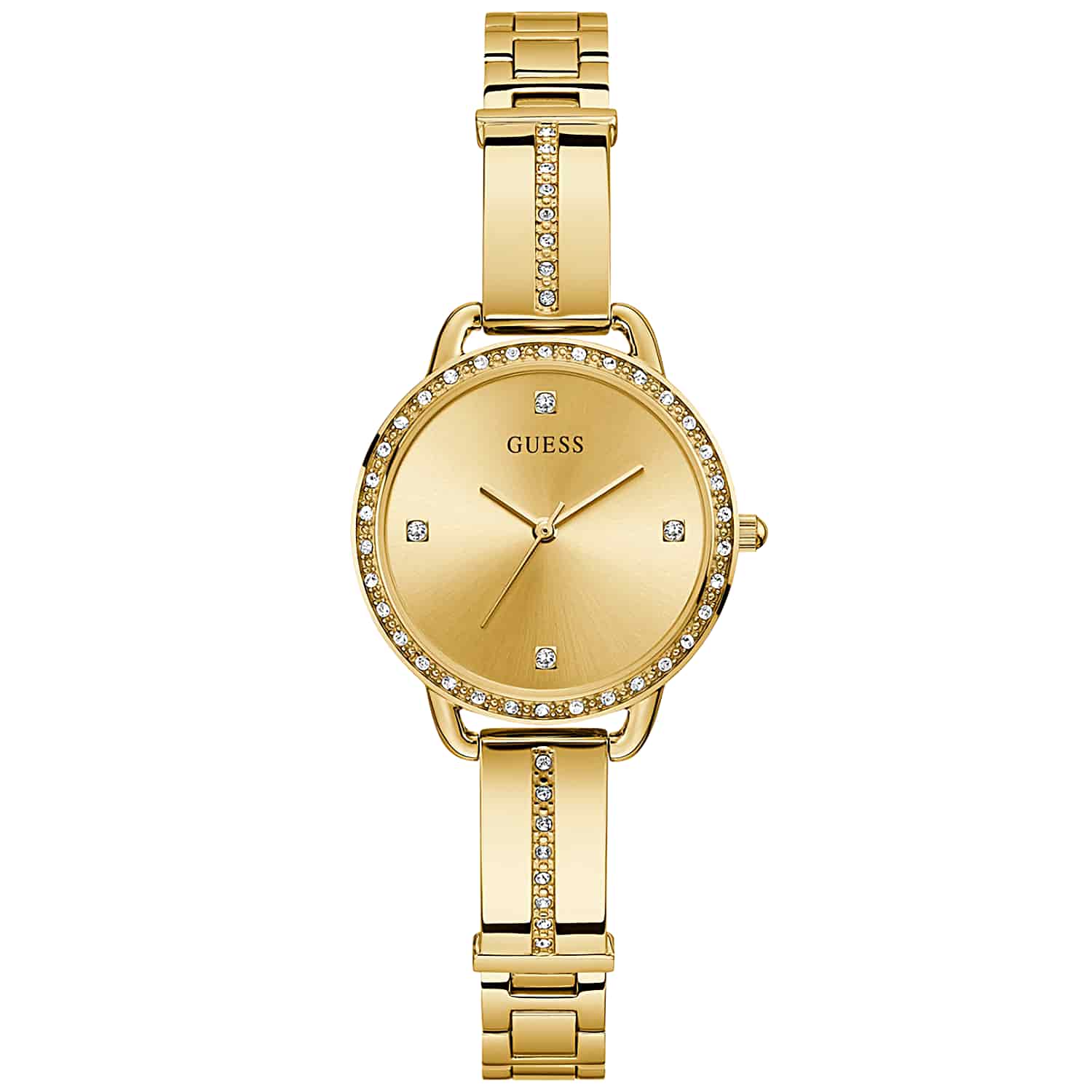 GW0022L2 GUESS Gold Tone Watch. A touch of sparkle on this dressy bangle featuring crystals on the case, bangle and dial.