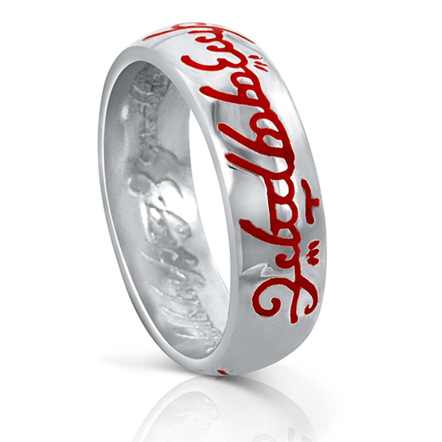 Lord Of The Rings  The One Ring Red Script. One ring to rule them all,One ring to find them,One ring to bring them all and in the darkness bind them. Engraved with Elvish Runes filled with a red resin that glows under ultra violet light. The only Official