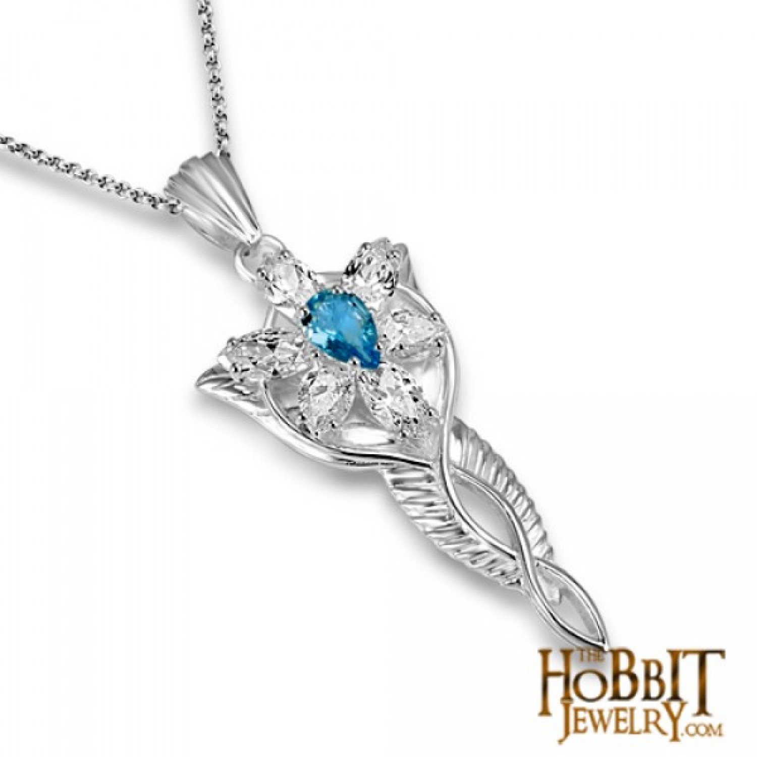 Lord of the Rings Official  Topaz Evenstar Necklace in Silver. ...and she took a white gem like a star that lay upon her breast hanging upon a silver chain... The EVENSTAR PENDANT was given to Aragorn by Arwen to show her eternal love. The pendant is insp