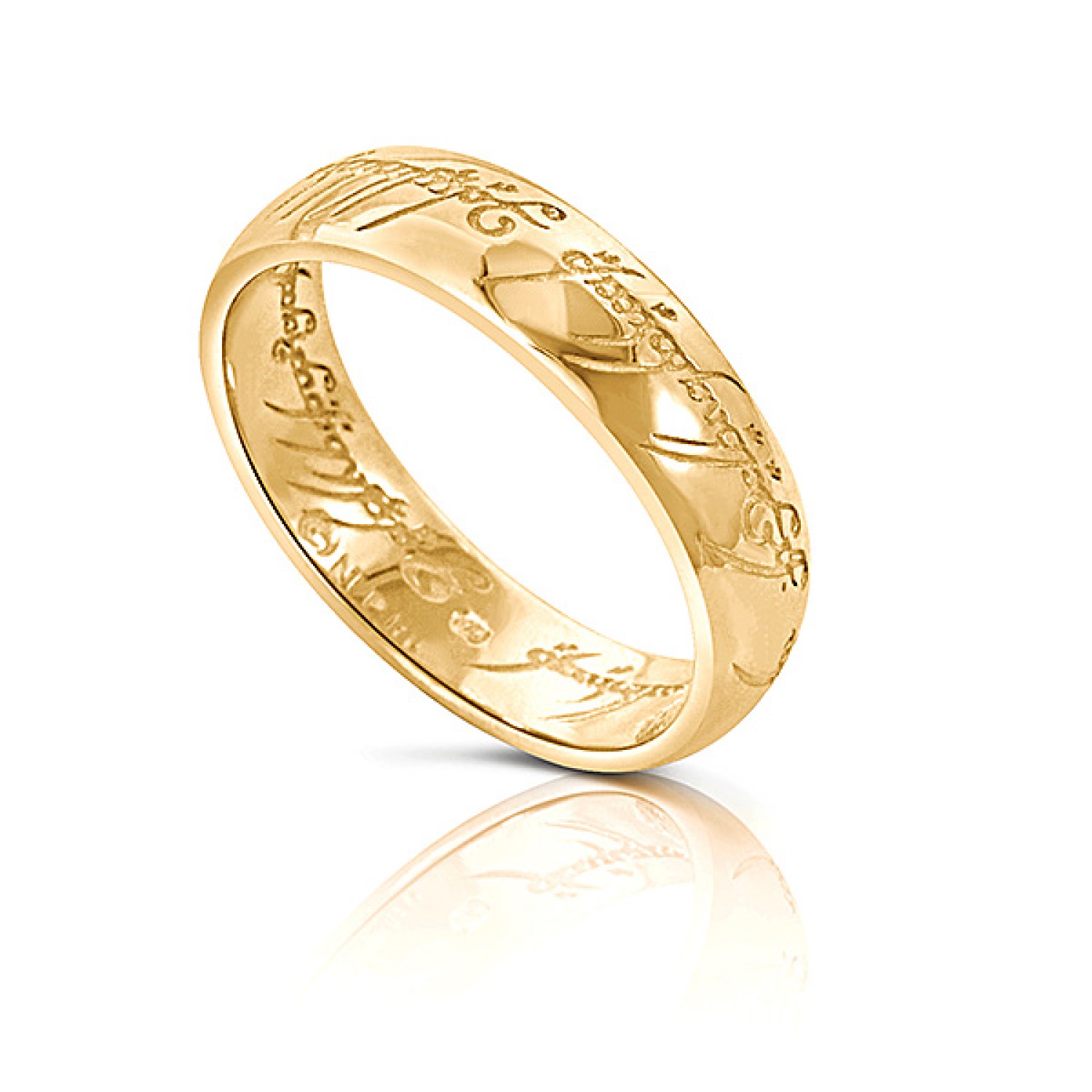 Lord of the Rings 9ct Gold The One Ring of Power. The Official LOTR One Ring carefully crafted by Middle Earths Hobbit Jewellers and engraved with the Elvish Runes.  One ring to rule them all, One ring to find them, One ring to bring them all and in the d