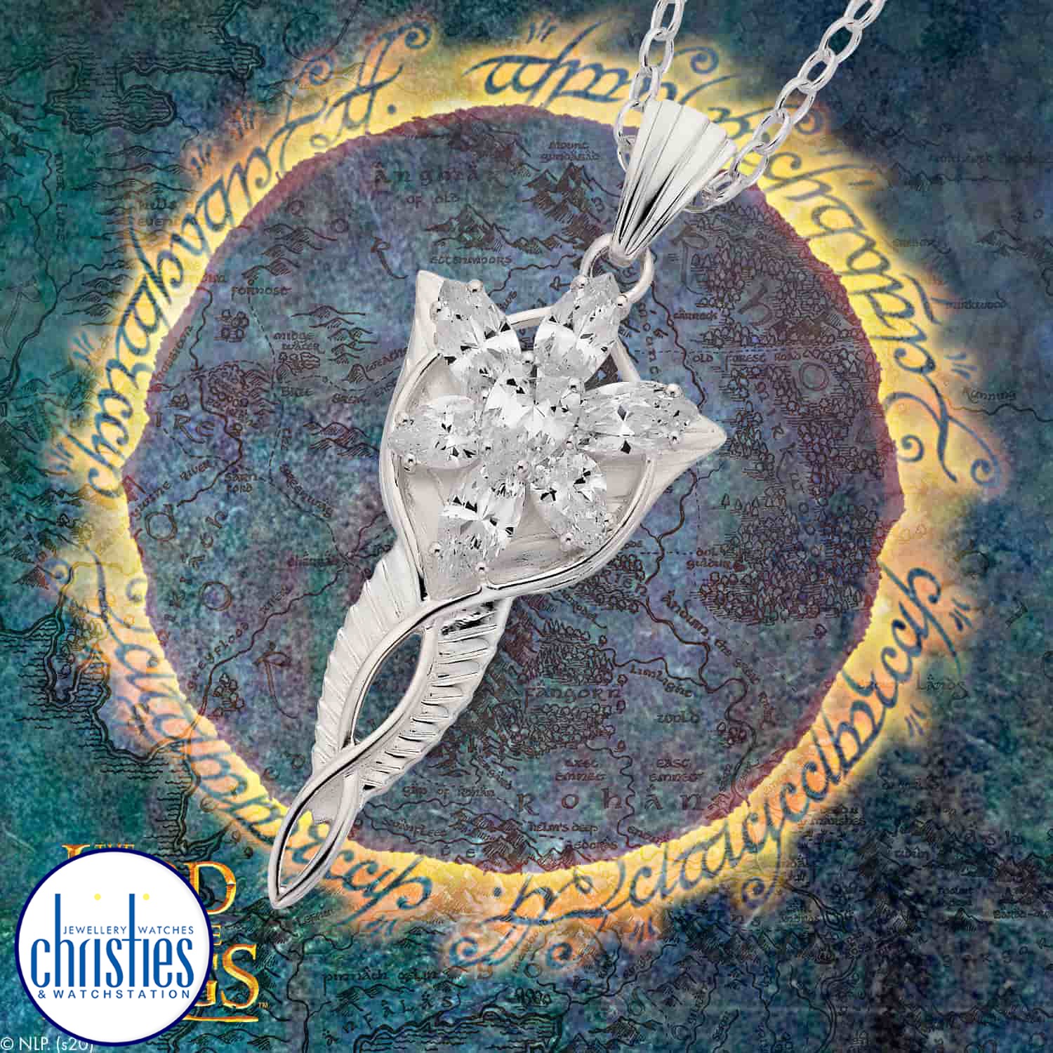 Lord of The Rings Official Arwens Evenstar Sterling Silver. The Evenstar ...and she took a white gem like a star that lay upon her breast hanging upon a silver chain... The Arwen Evenstar pendant was given to Aragorn by Arwen to show her eternal love... T
