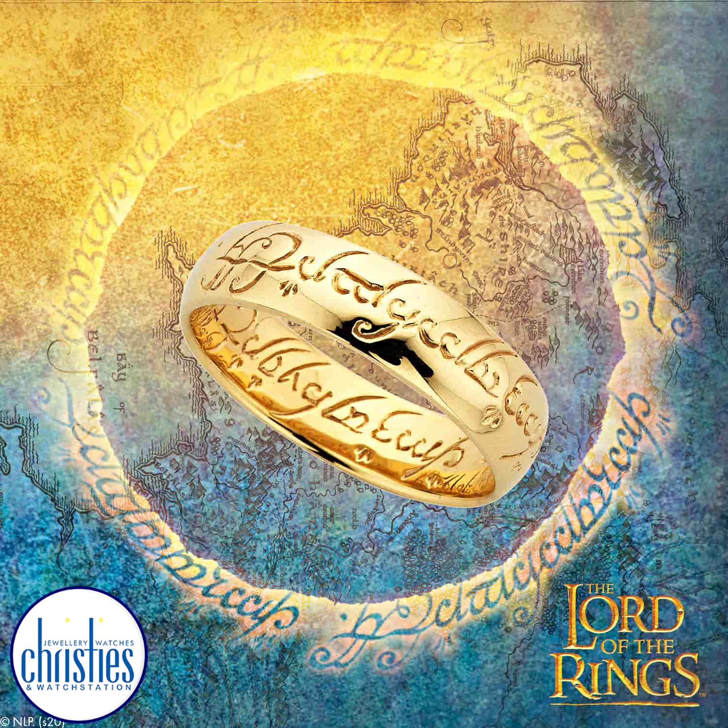 Official Lord Of The Rings Ring of Power in 9K Gold. One ring to rule them all,One ring to find them,One ring to bring them all and in the darkness bind them. Engraved with Elvish Runes in black anodised Elvish Script. The only Official Lord of the Rings 