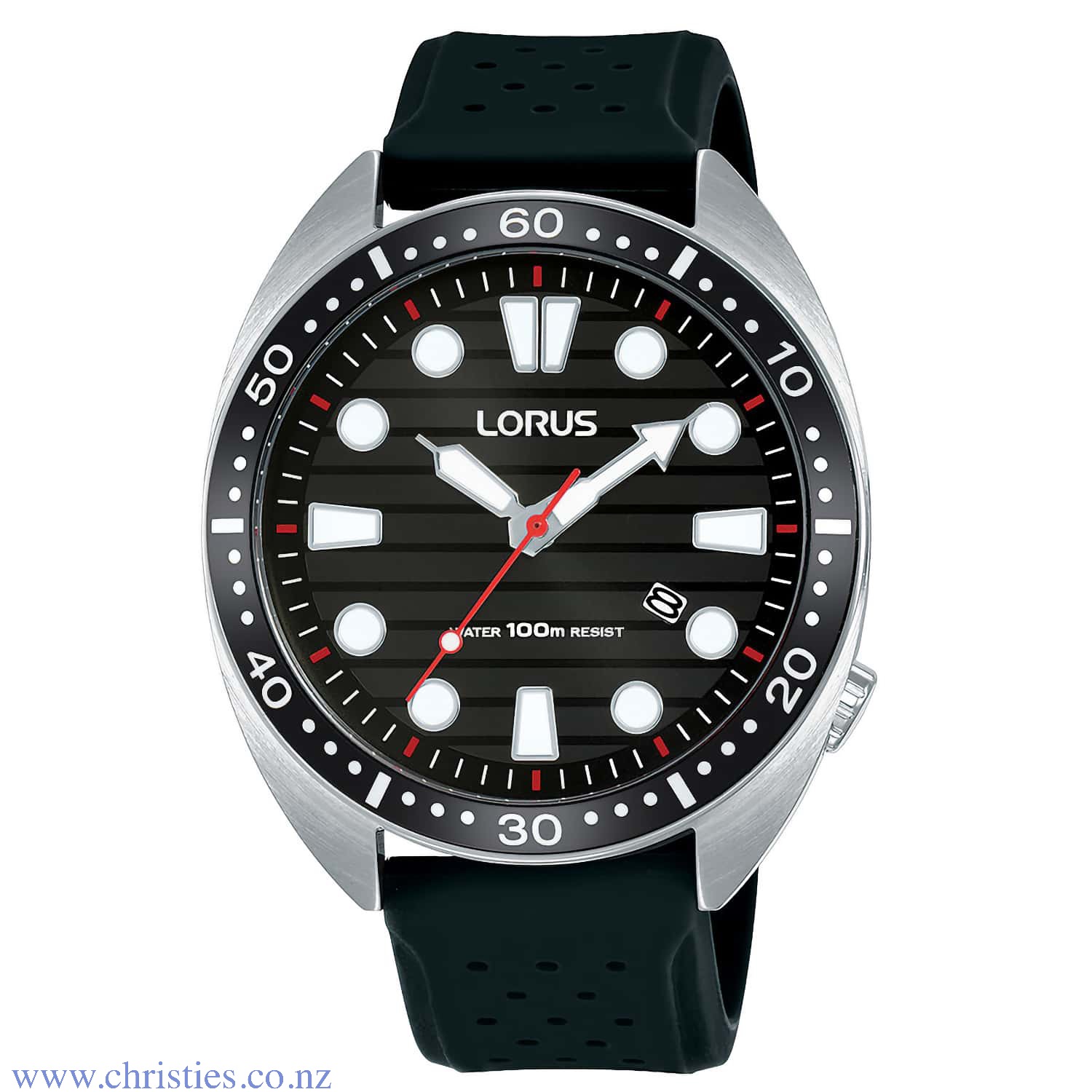 RH929LX-9 Lorus Mens 100 Metre Watch. A Lorus mens 100 metres watch with date Humm -Buy Little things up to $1000 and choose 10 weekly or 5 fortnightly payments with no interest. Late payment fee of $10 will apply. 2 Year Guarantee Dial Black @christies.o