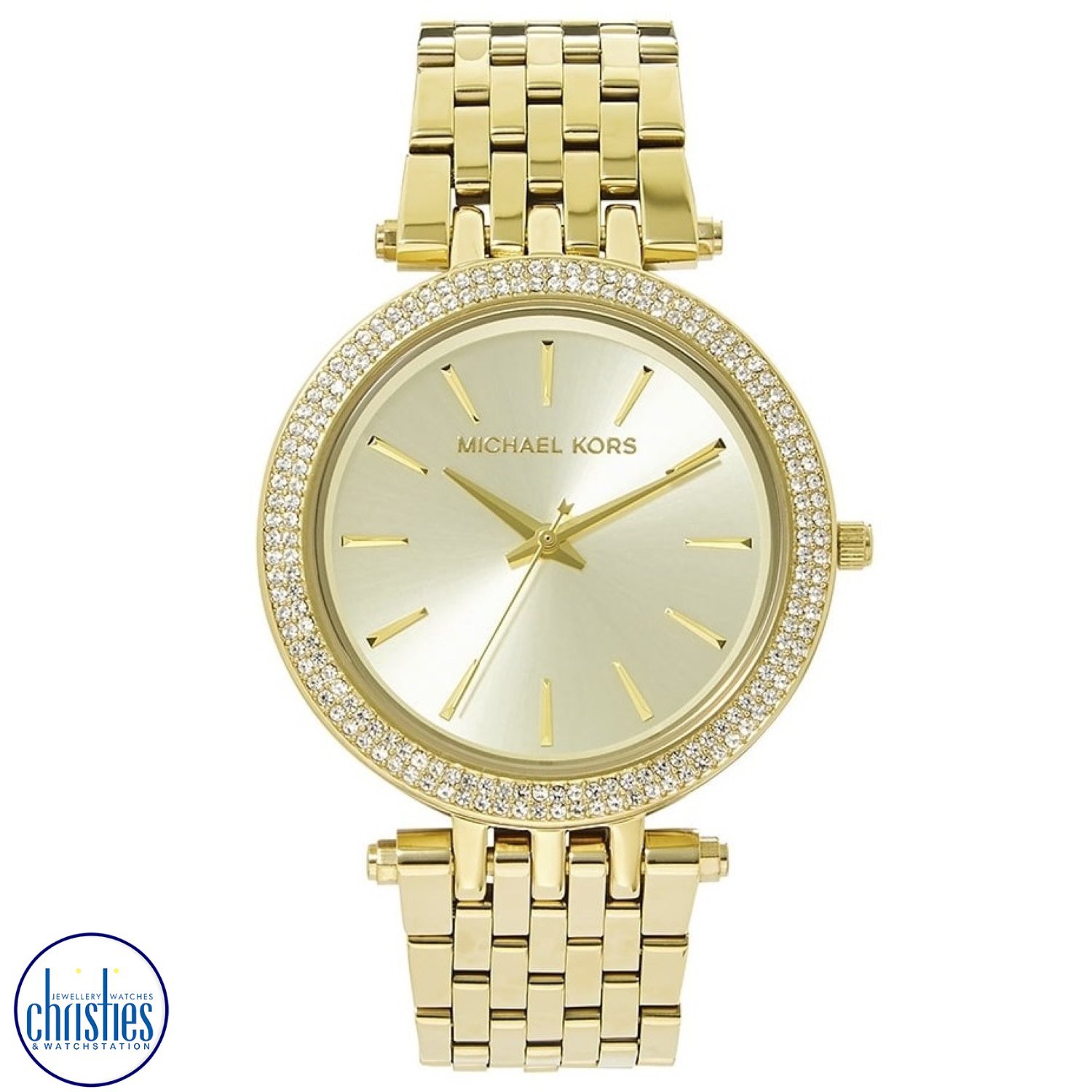 MK3191 Michael Kors Womens Darci Gold Bracelet Watch. Another beautiful time piece from the Ladies Michael Kors collection. This Darci model comes in a stunning IP gold-plated design with a glittering stone set bezel. It is set around an elegant champagne