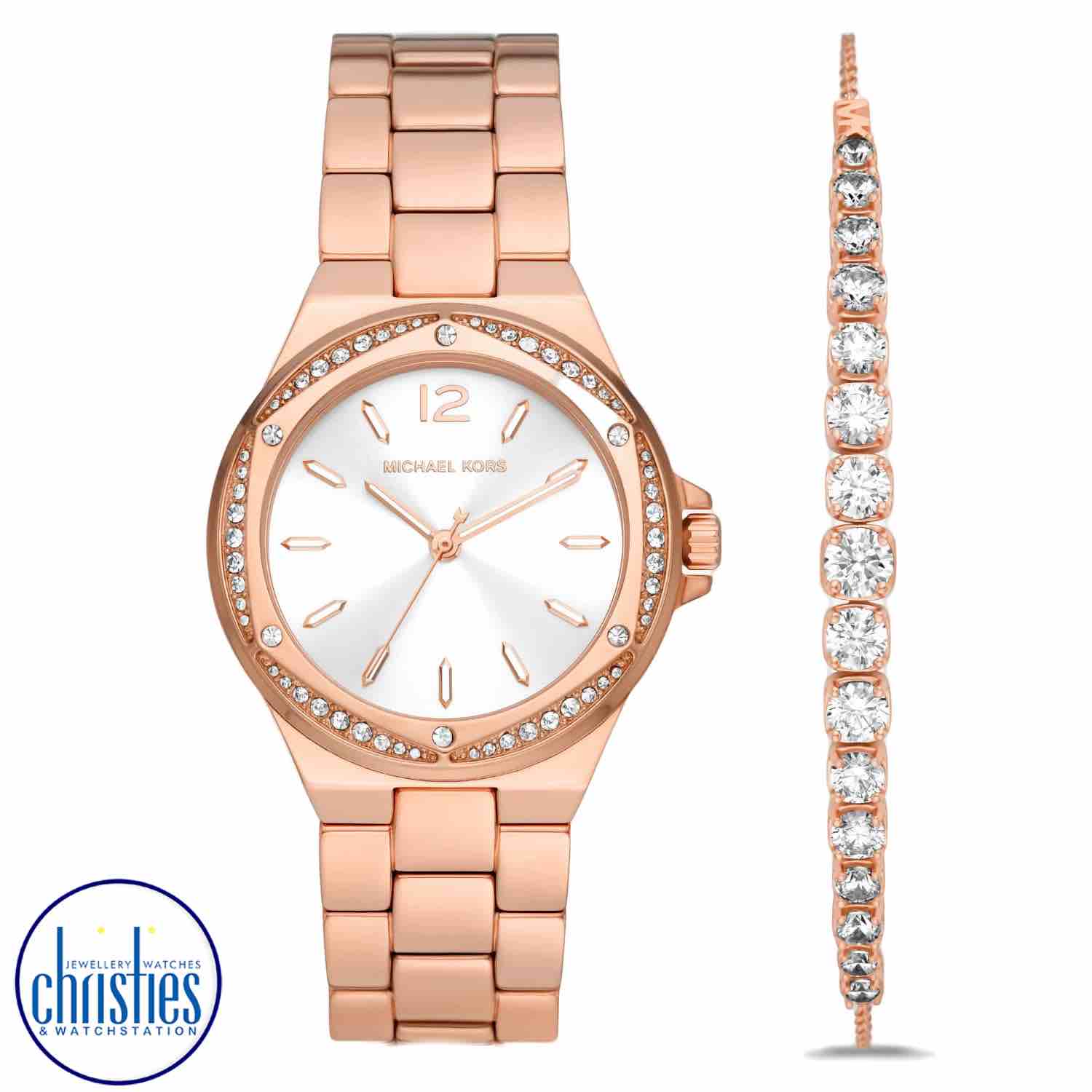 MK1053SET Michael Kors Lennox Pave Rose Gold-Tone Watch Gift Set michael kors gold watch