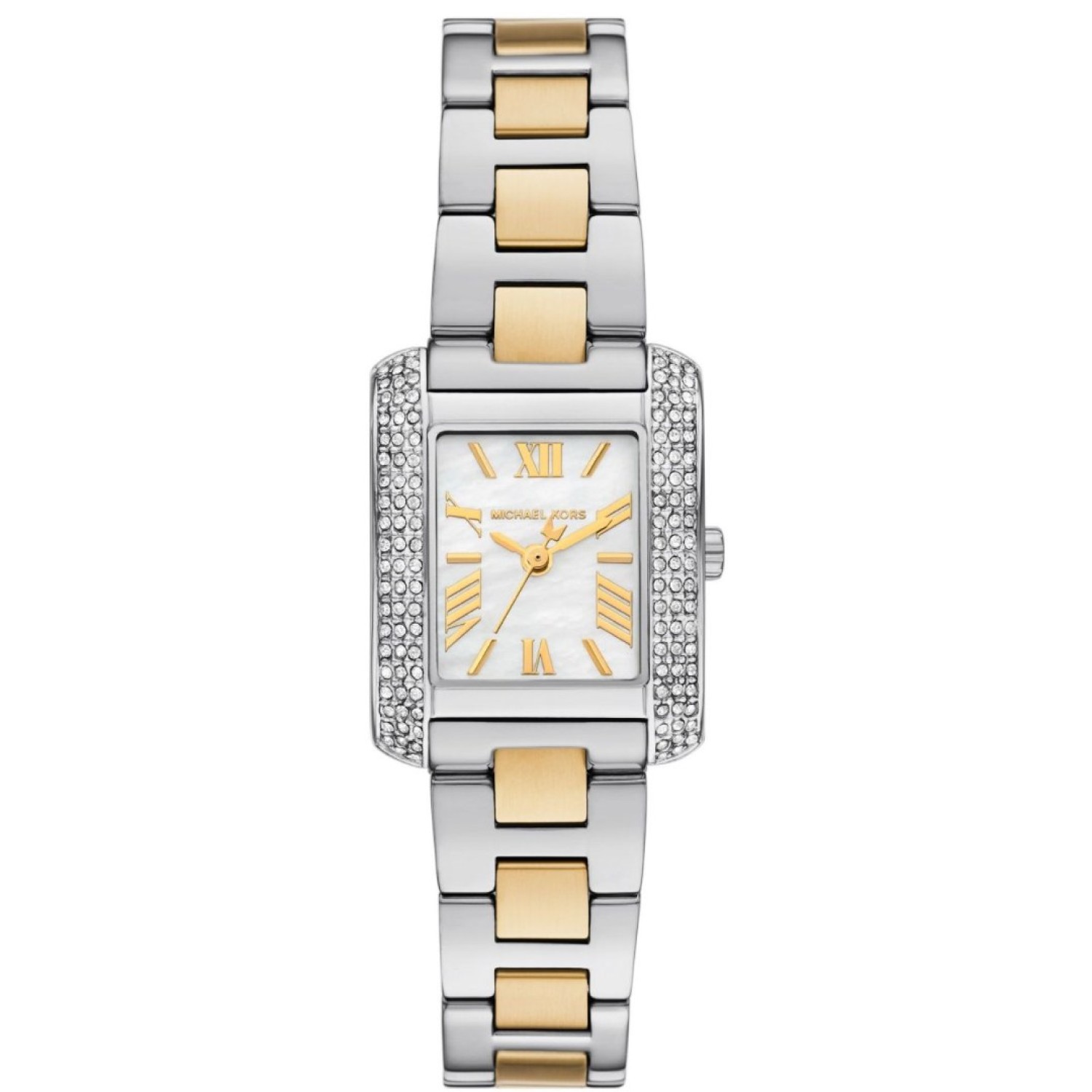 MK4882 Michael Kors Emery Bi Tone Analogue Watch – Stylish Two-Tone Timepiece with Roman Numeral Markers MK4882 Michael Kors Emery Bi Tone Analogue Watch with a rectangular white dial, gold Roman numeral markers, and a bi-tone silver and gold bracelet